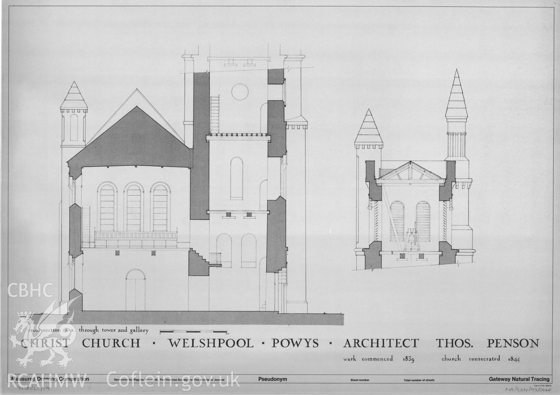 Measured drawing showing cross section through tower and gallery at Christ Church, Welshpool, produced by D. G. Lloyd, I. Rose and G. Usherwood, 1978