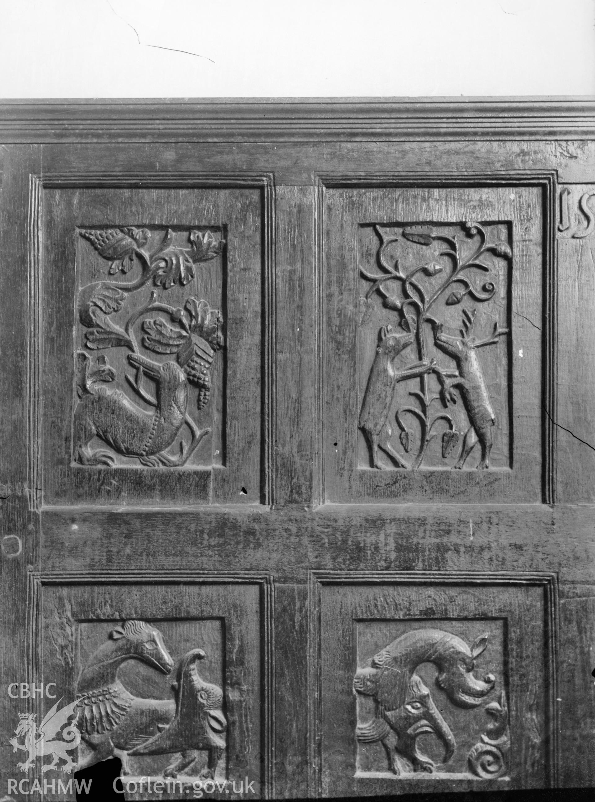 Black and white photo showing panelling at Llanrhydd Church.