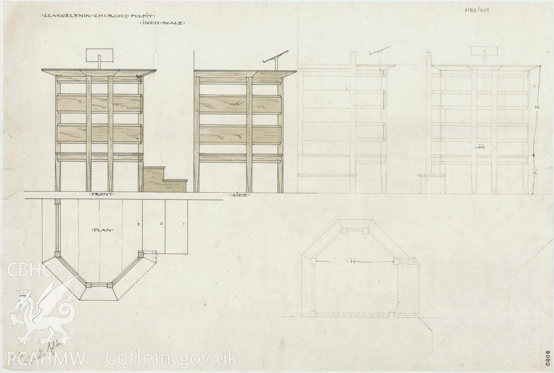 Plans and elevations of a pulpit design for St Celynin's New Church, Llangelynin, ink and pencil with colour wash on paper, one foot to one inch.