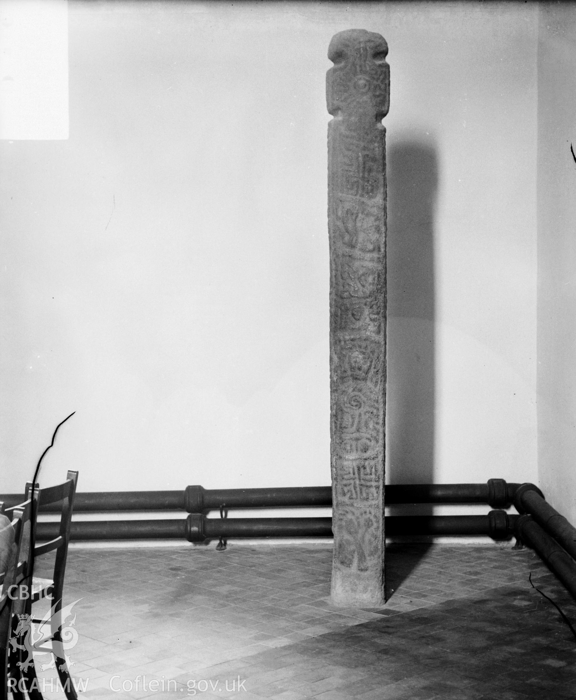 Black and white photo showing inscribed stone at Llanbadarn Fawr Church.