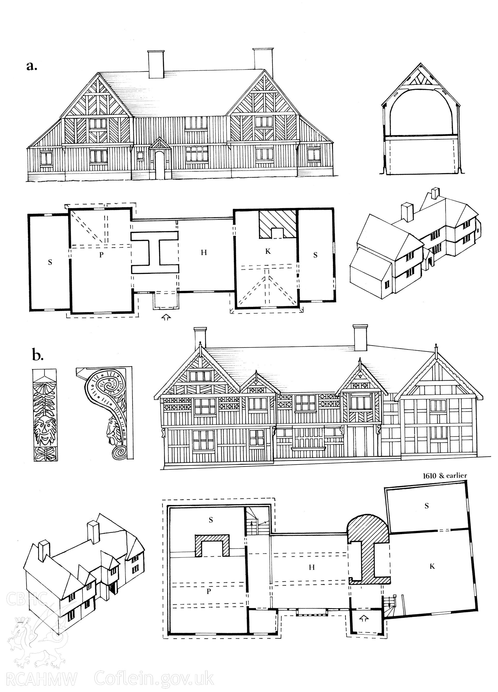 Multi site RCAHMW drawing, 2 sites, showing plan, elevation and detail of Trewern Hall and Penarth, Newtown. Published in Houses of the Welsh Countryside, fig 124.