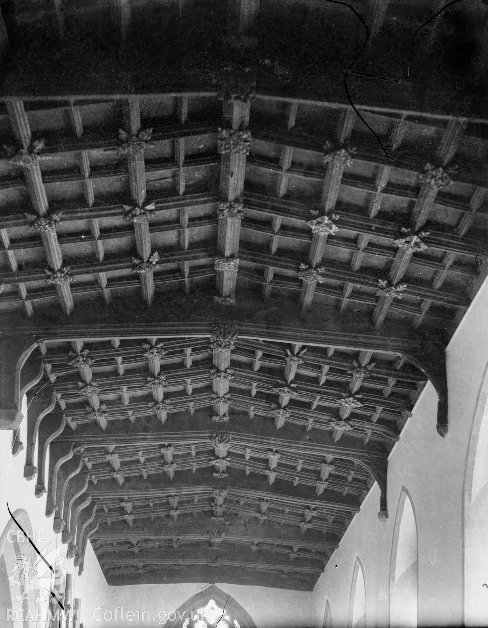 Black and white photo showing ceiling at Ruthin Church.