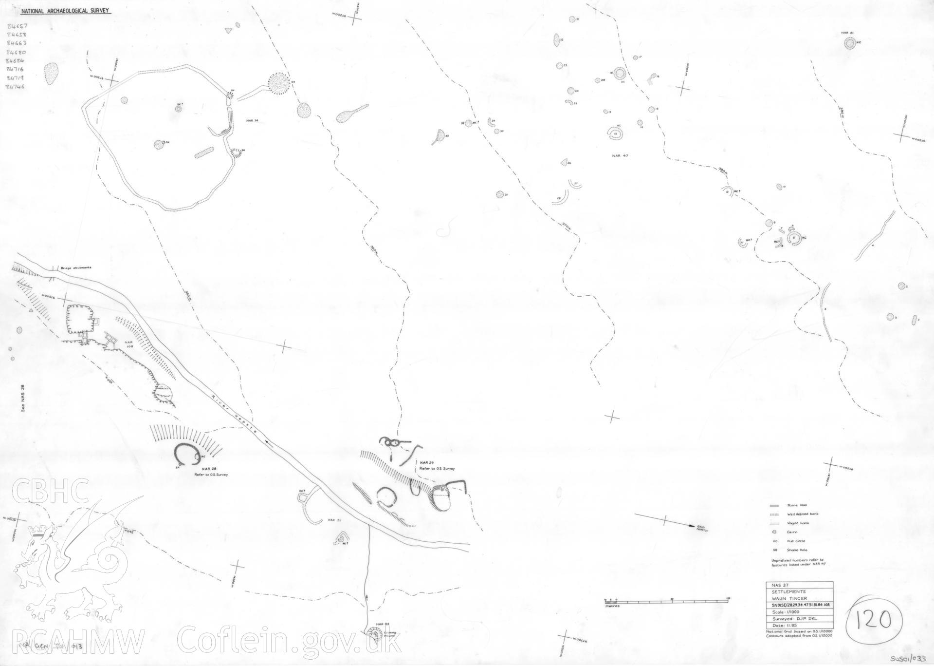 Ink on film, measured plan of Hepste-Fechan Settlement Complex (SN91SE/28.29.34.47.51.81.84.108) produced as part of the Southern Uplands Survey by D. J. Percival and D.K. Leighton  11.1985  (Ref Numbers:  National Archaeological Survey 37)