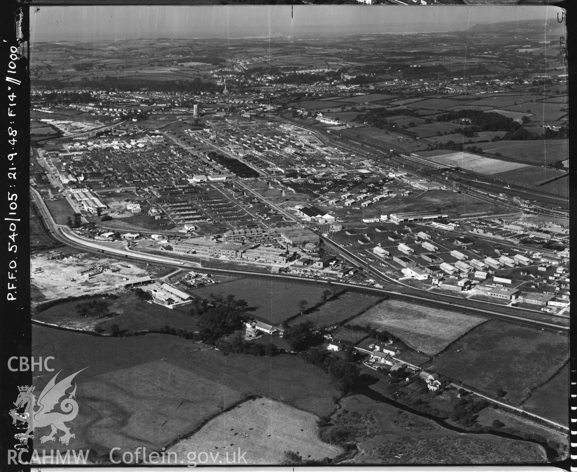 Black and white oblique aerial photograph showing the Royal Ordnance Factory at Bridgend taken by the RAF on 21/09/1948.