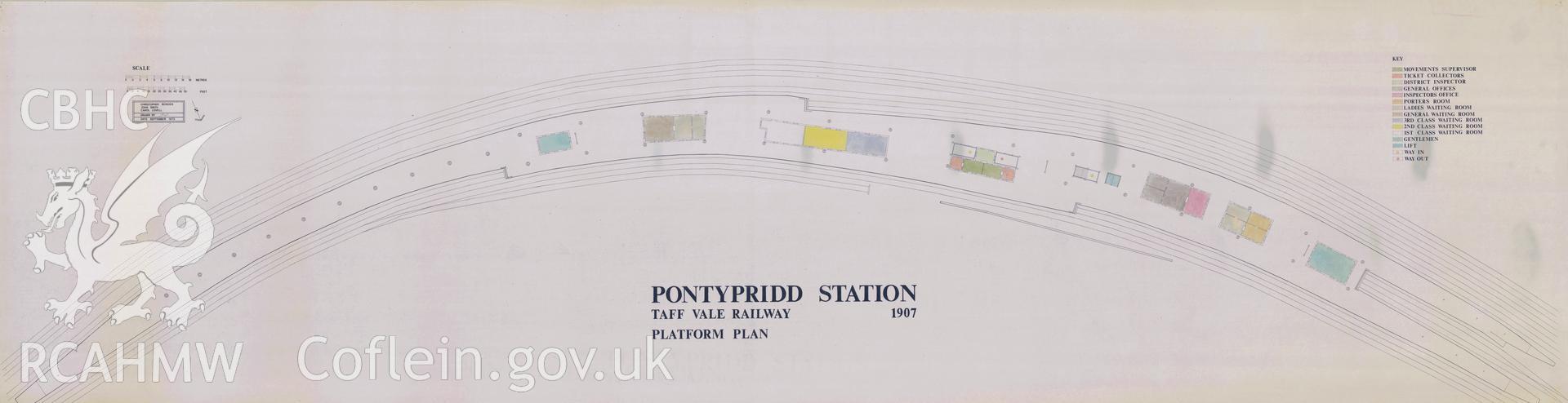 Measured drawing showing platform plan of Pontypridd Railway Station produced by Christopher Schoen, John Smith and Carol Lovell, September 1973.