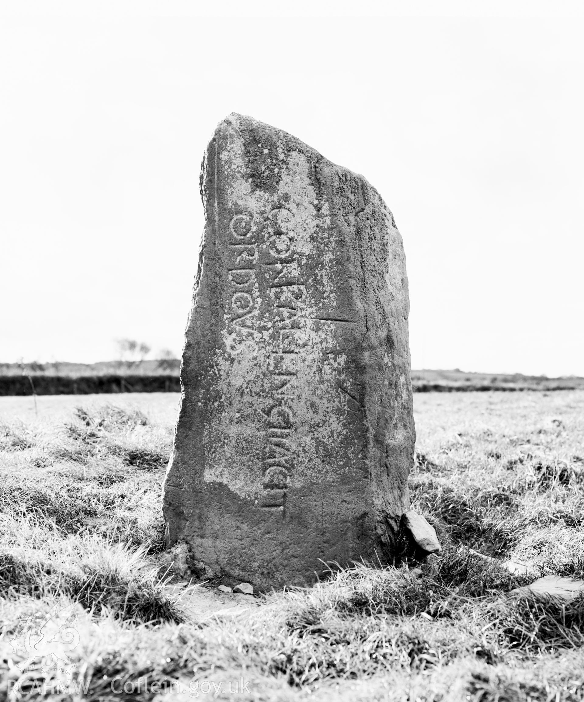 Corbalengi stone in Penbryn Church; one black and white photograph produced by  RCAHMW for the proposed Early Christian Monuments publication.