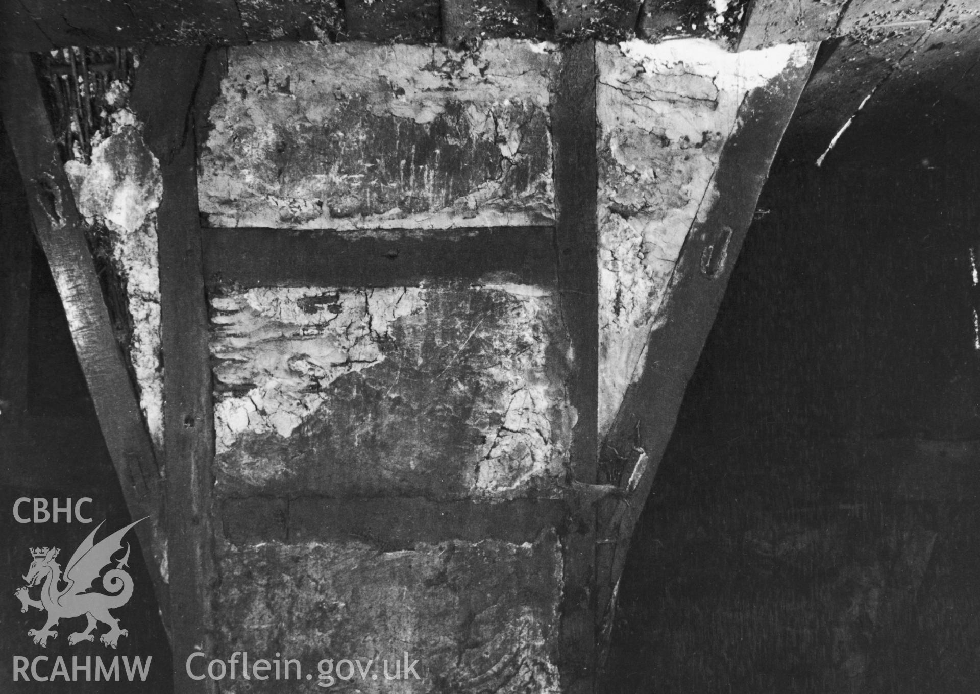 Timber detail at Abernodwydd Farmhouse taken by J.D.K. Lloyd, 1938.