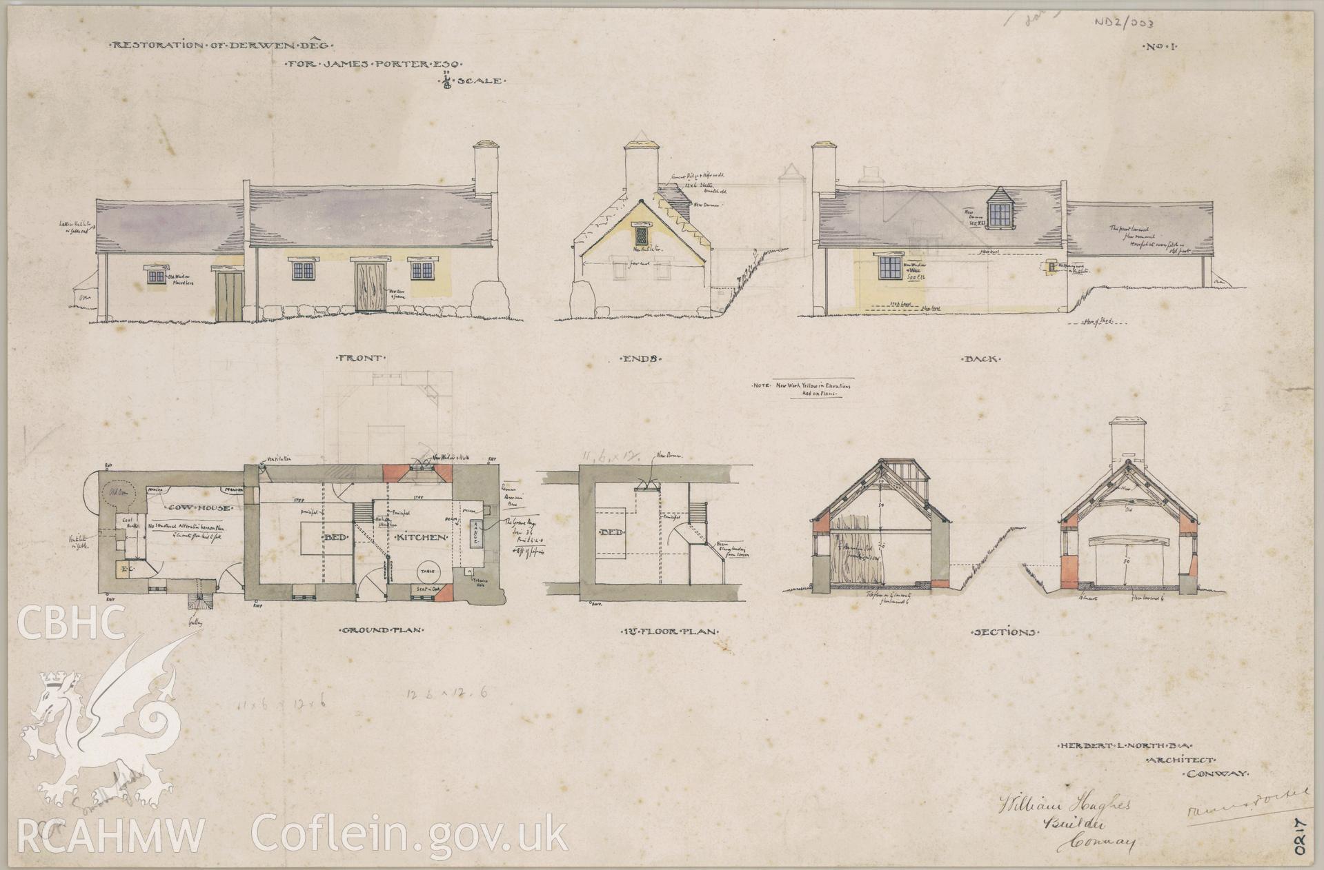 Plans sections and elevations of restoration of Derwen Deg farmhouse, carried out for James Porter. Ink, with colour wash on paper, scale eight feet to one inch.