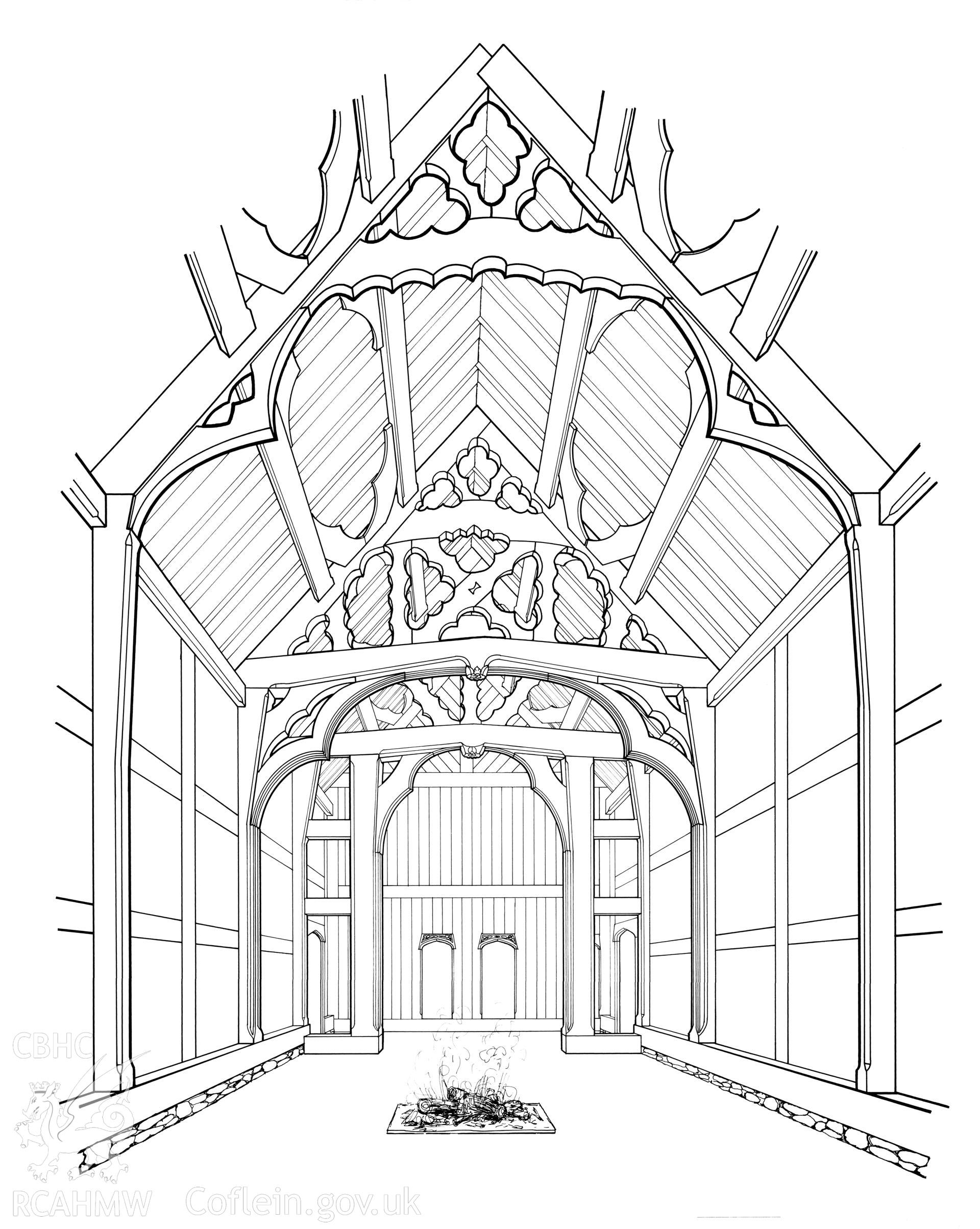 RCAHMW drawing showing truss section at Plas Newydd, Ruabon, published in Houses of the Welsh Countryside, fig 52.