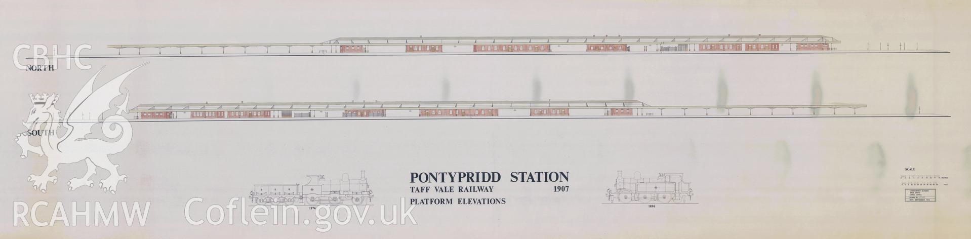 Measured drawing showing south and north platform elevations at Pontypridd Railway Station produced by Christopher Schoen, John Smith and Carol Lovell, September 1973.