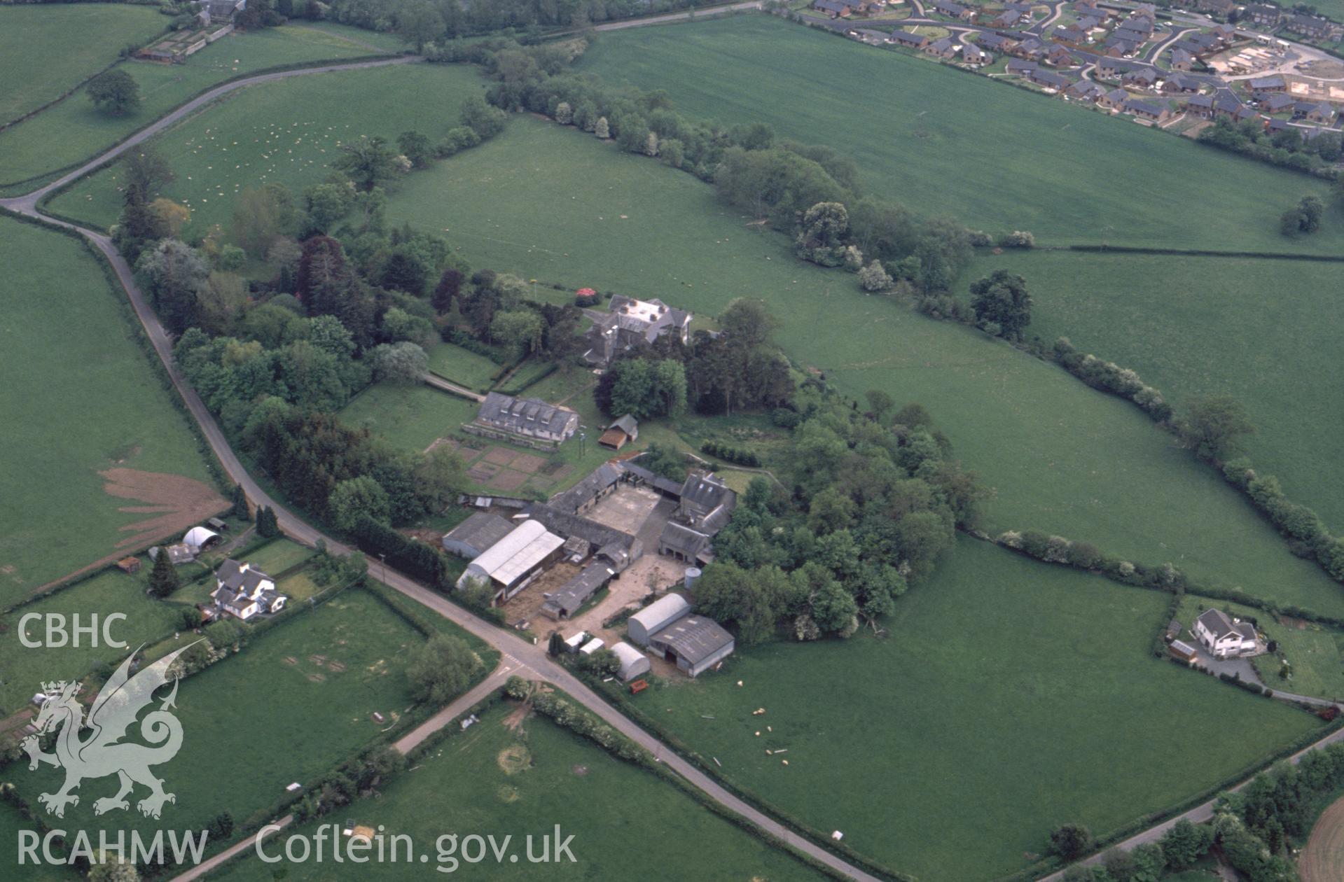 Slide of RCAHMW colour oblique aerial photograph of Boughrood Castle Motte, taken by C.R. Musson, 1990.