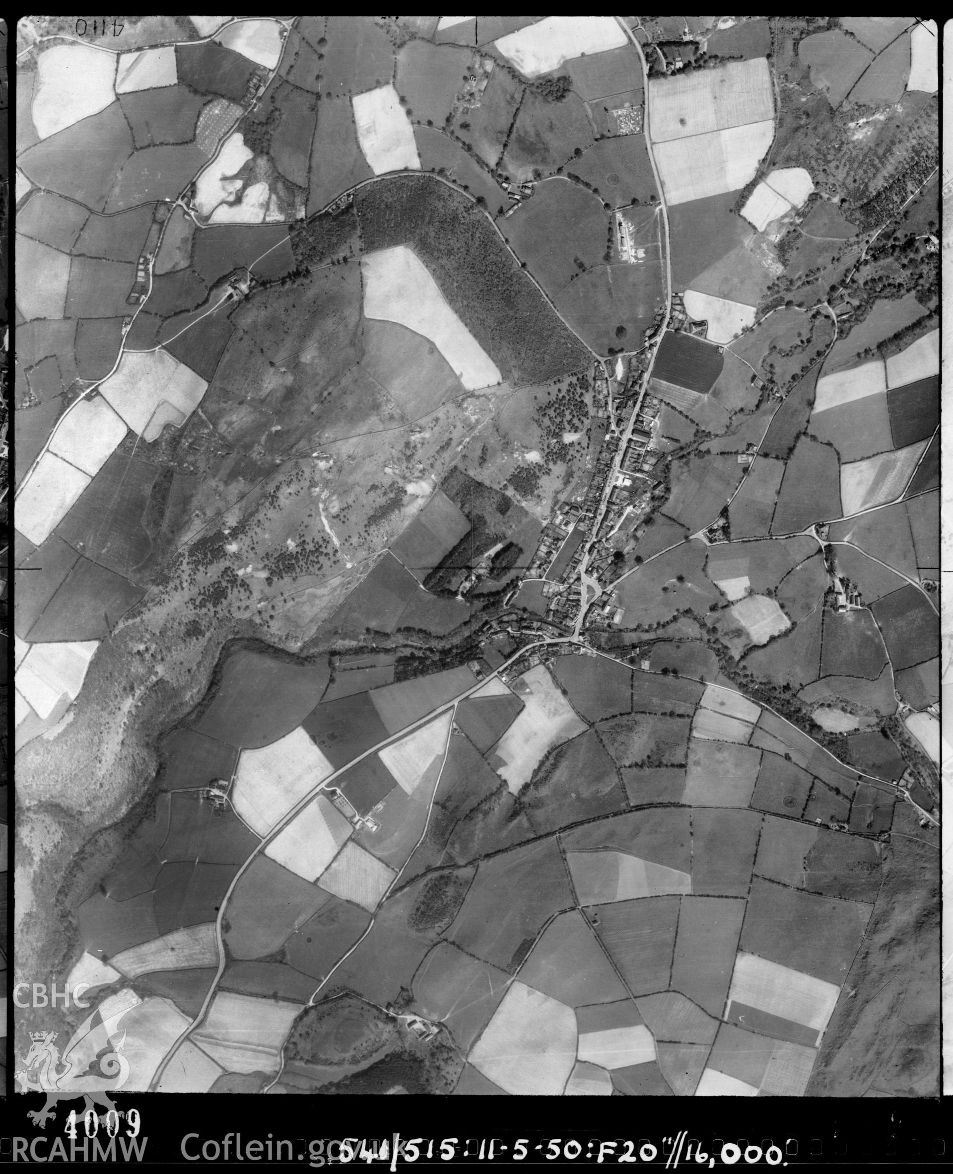 Black and white vertical aerial photograph taken by the RAF on 11/05/1950 centred on SN65258940 at a scale of 1:10000. The photograph includes part of Ceulanamaesmawr community in Ceredigion.