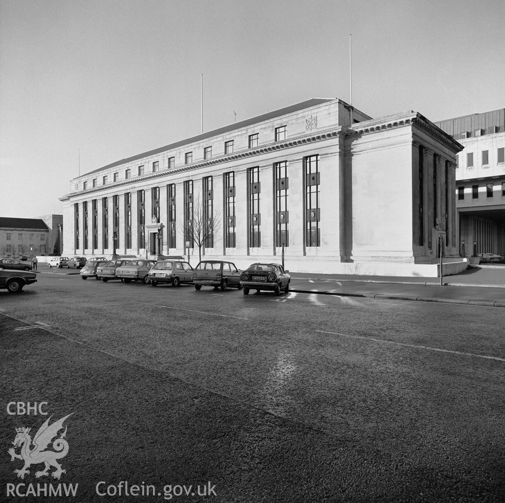 Photographic negative showing view of the Welsh Office building, Cathays Park, Cardiff; collated by the former Central Office of Information.