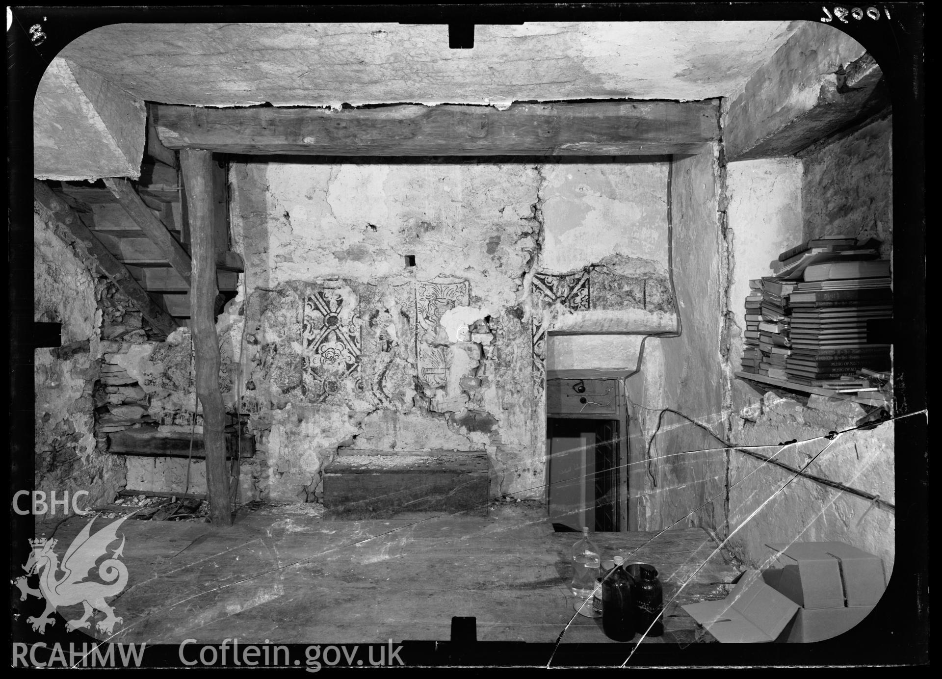 Right eye stereo photogrammetric photo showing the wallpainting at Rhydarwen, taken in 1973.