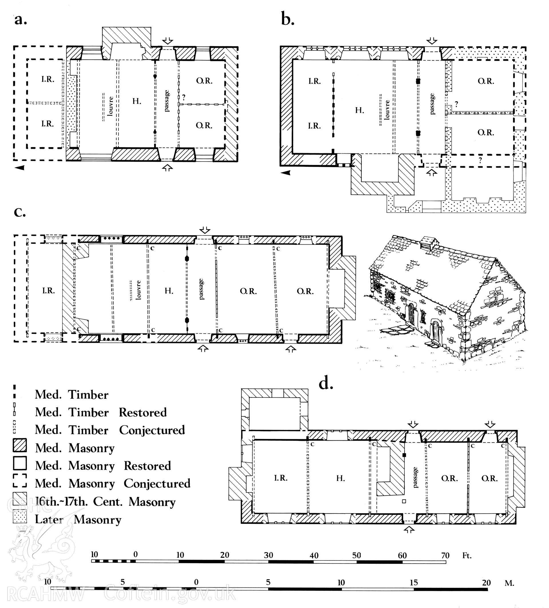 Multi site RCAHMW drawing, 4 sites, (ink on linen) showing plans of aisle-trussed halls, as published in Houses of the Welsh Countryside, fig 56.