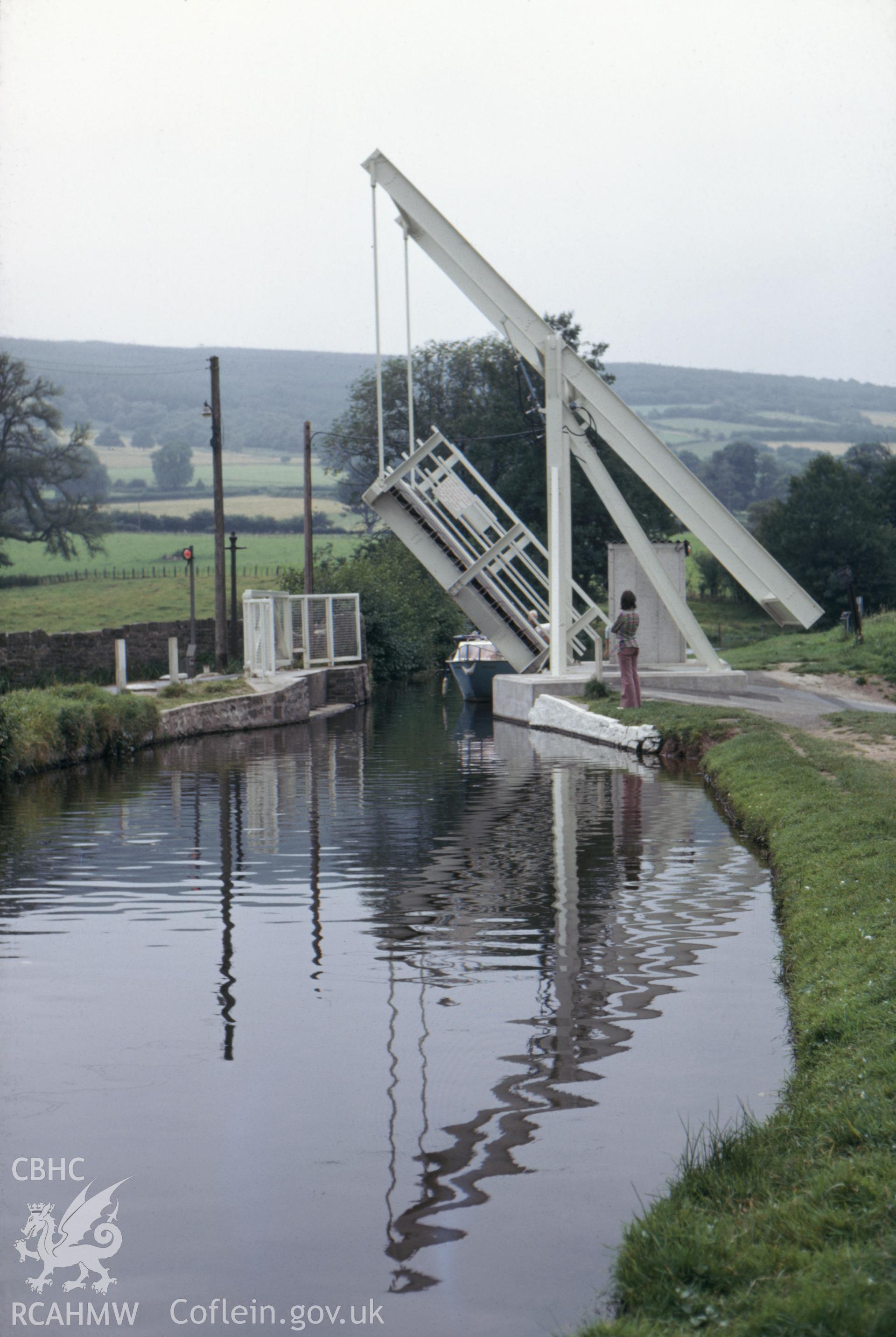 Colour photographic transparency showing electric lift bridge on the Brecon and Monmouth canal; collated by the former Central Office of Information.