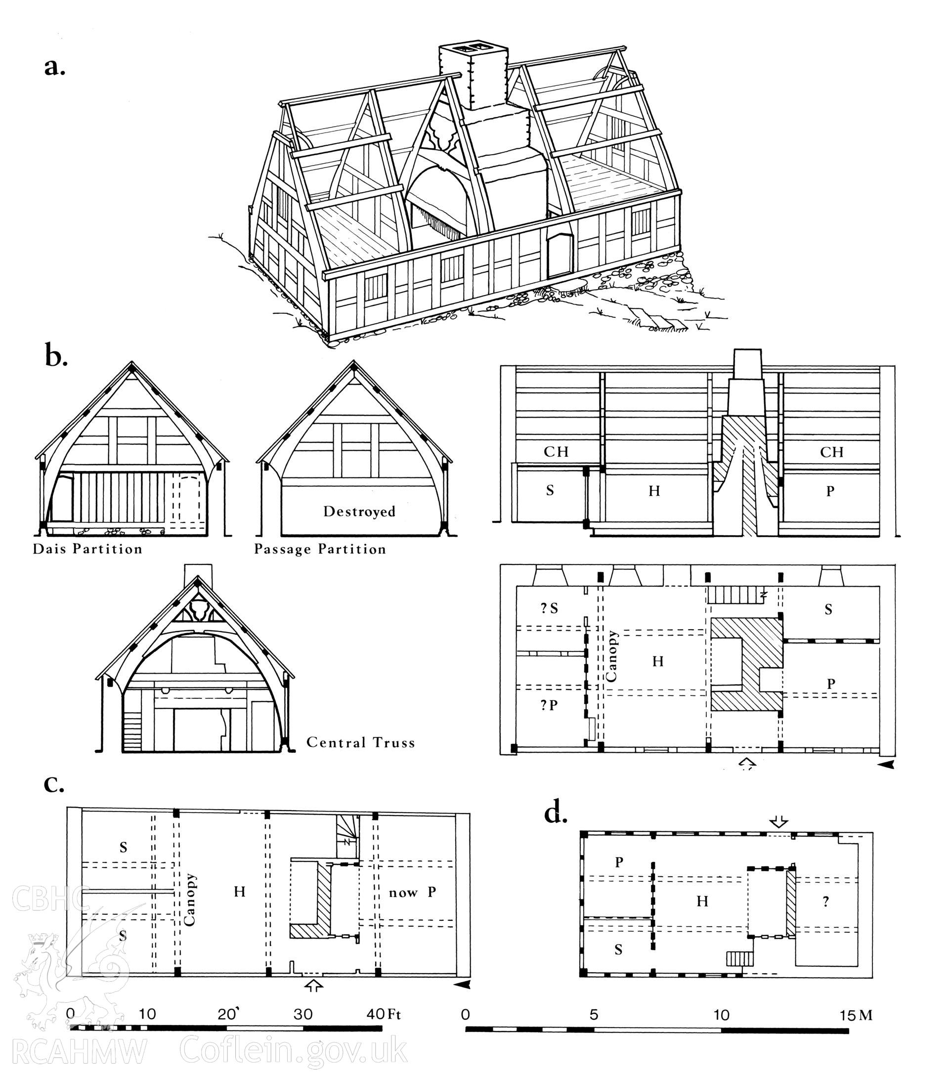 Multi site RCAHMW drawing, 3 sites, showing plans and sections of lobby entry houses.  Published in Houses of the Welsh Countryside fig 32.