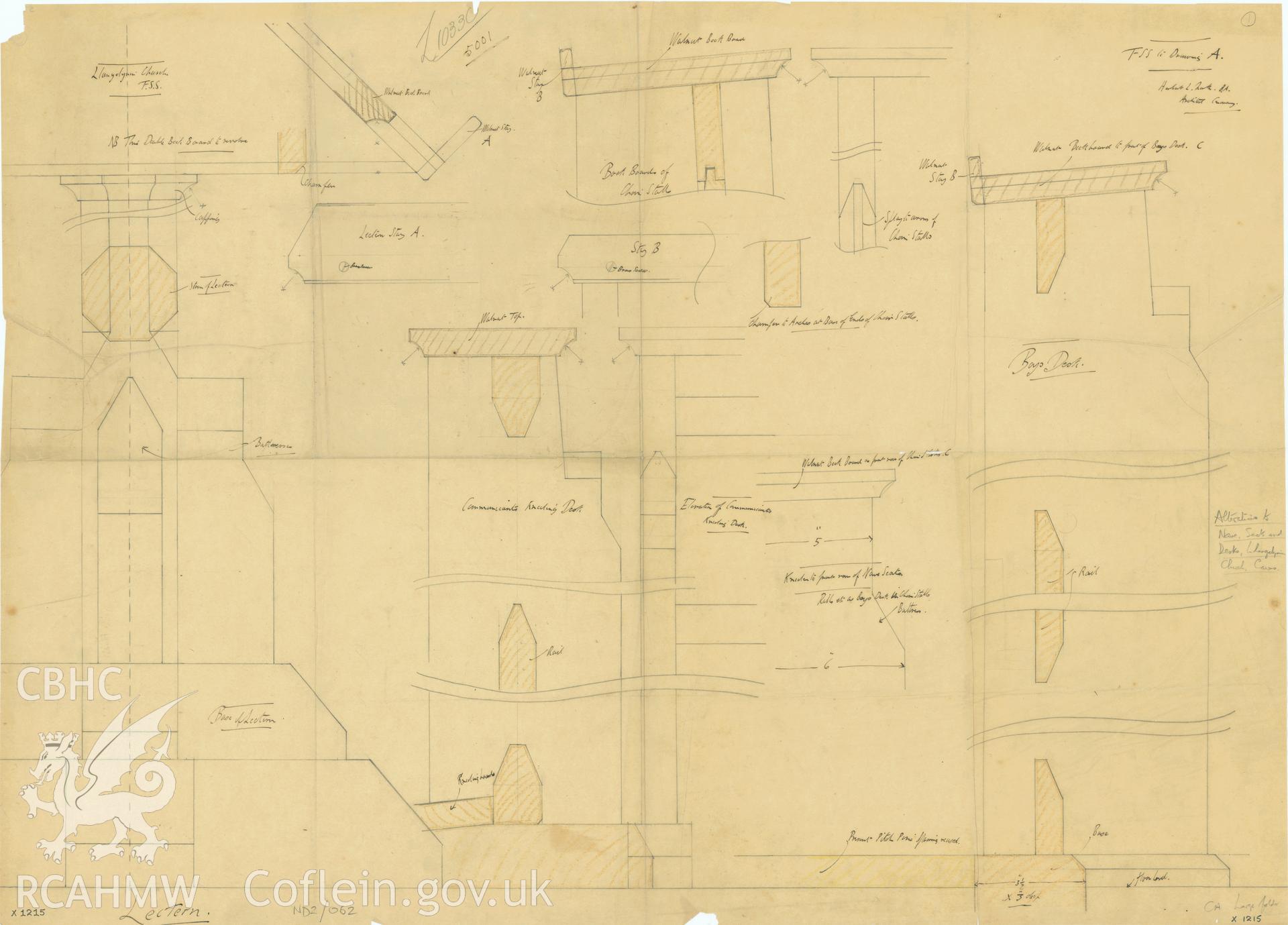 Details of interior wooden fittings, such as lectern, seats and desk, for St Celynin's New Church, Llangelynin, ink on paper, scale 1:1.