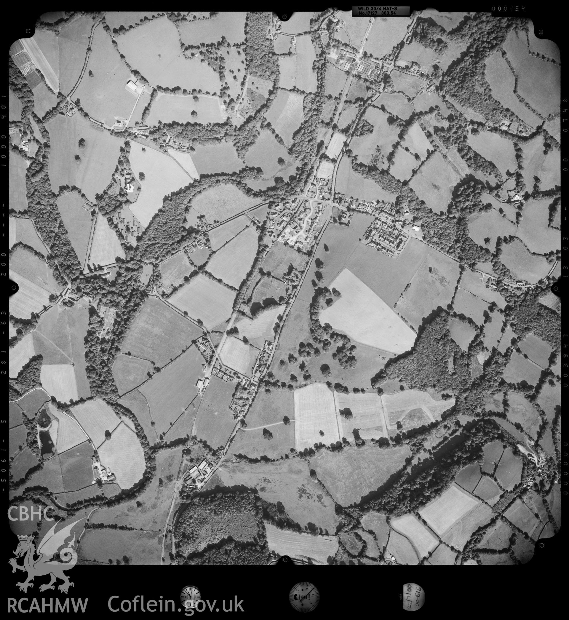 Digitized copy of an aerial photograph showing the area around Ciliau Aeron Ceredigion, taken by Ordnance Survey, 2000.