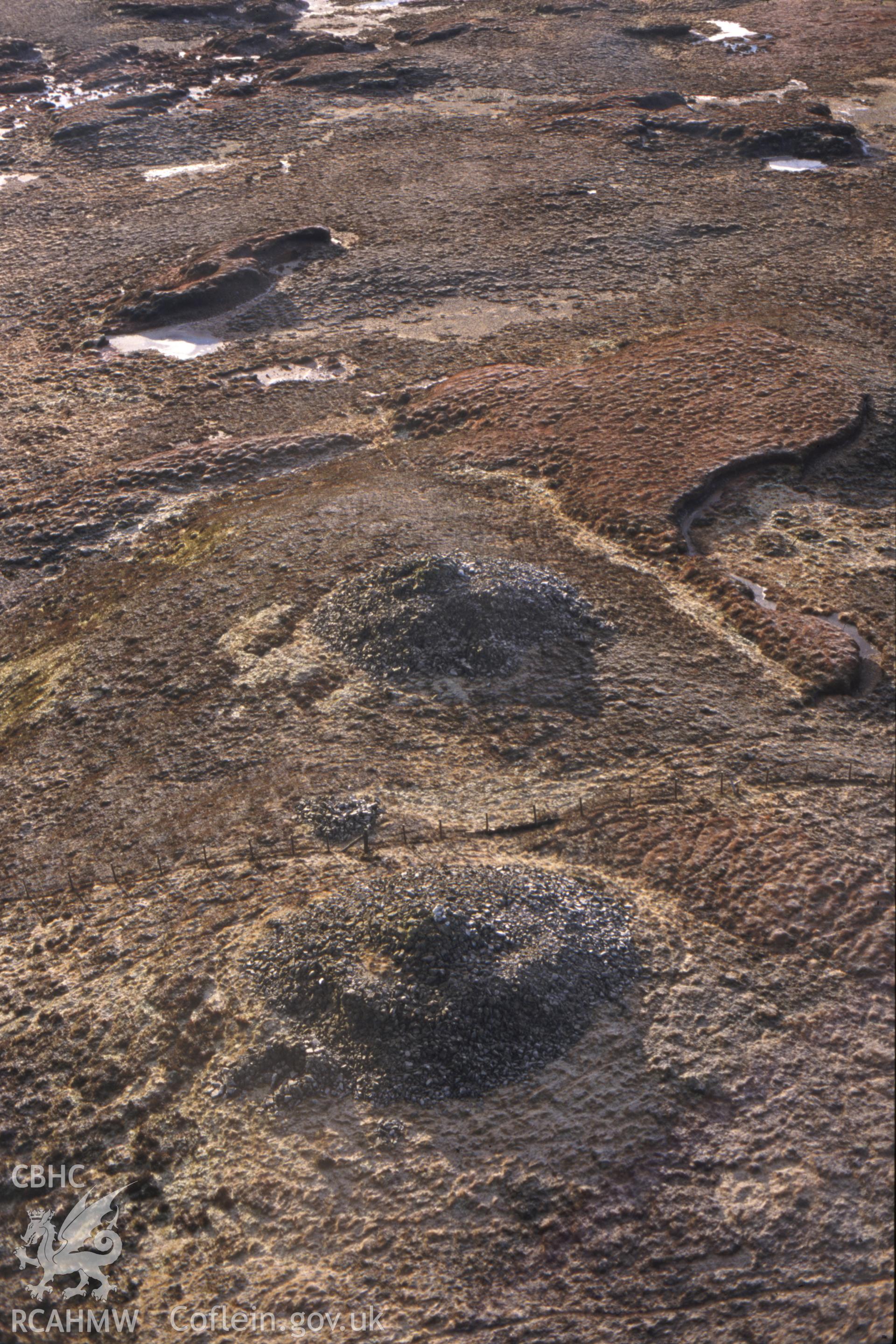 RCAHMW colour slide oblique aerial photograph of Carn Biga Cemetery Pumlumon Cwmbiga, Trefeglwys, taken on 20/12/1998 by CR Musson