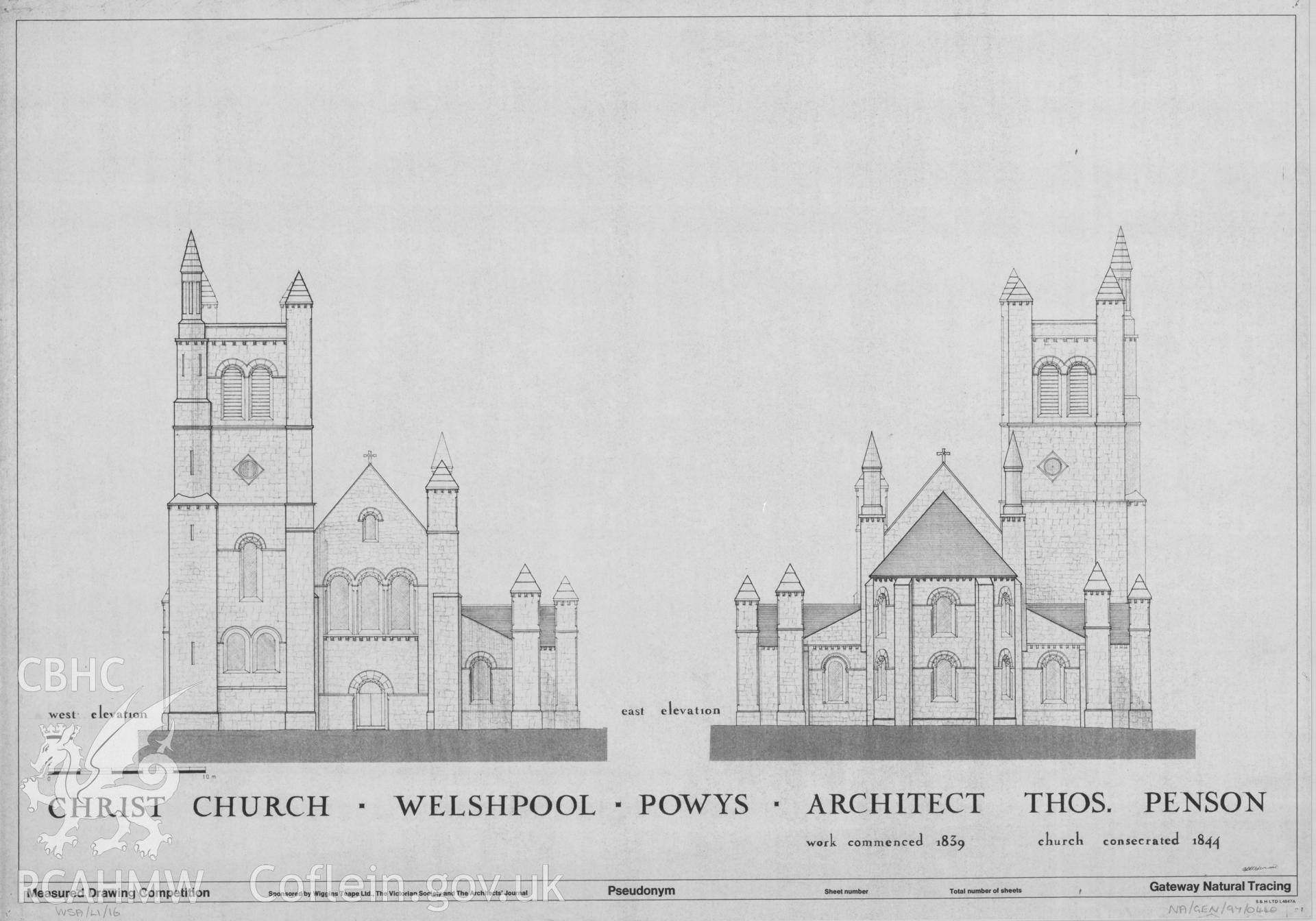 Measured drawing showing west and east elevation views of Christ Church, Welshpool, produced by G. Usherwood, 1978.