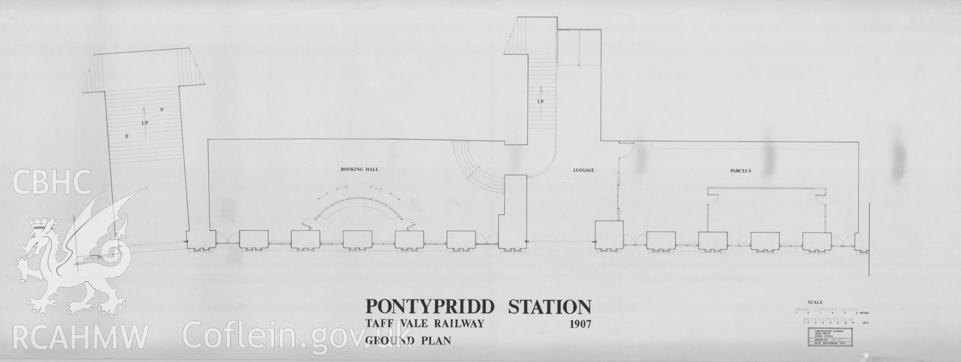 Measured drawing showing ground plan of Pontypridd Railway Station produced by Christopher Schoen, John Smith and Carol Lovell, September 1973.