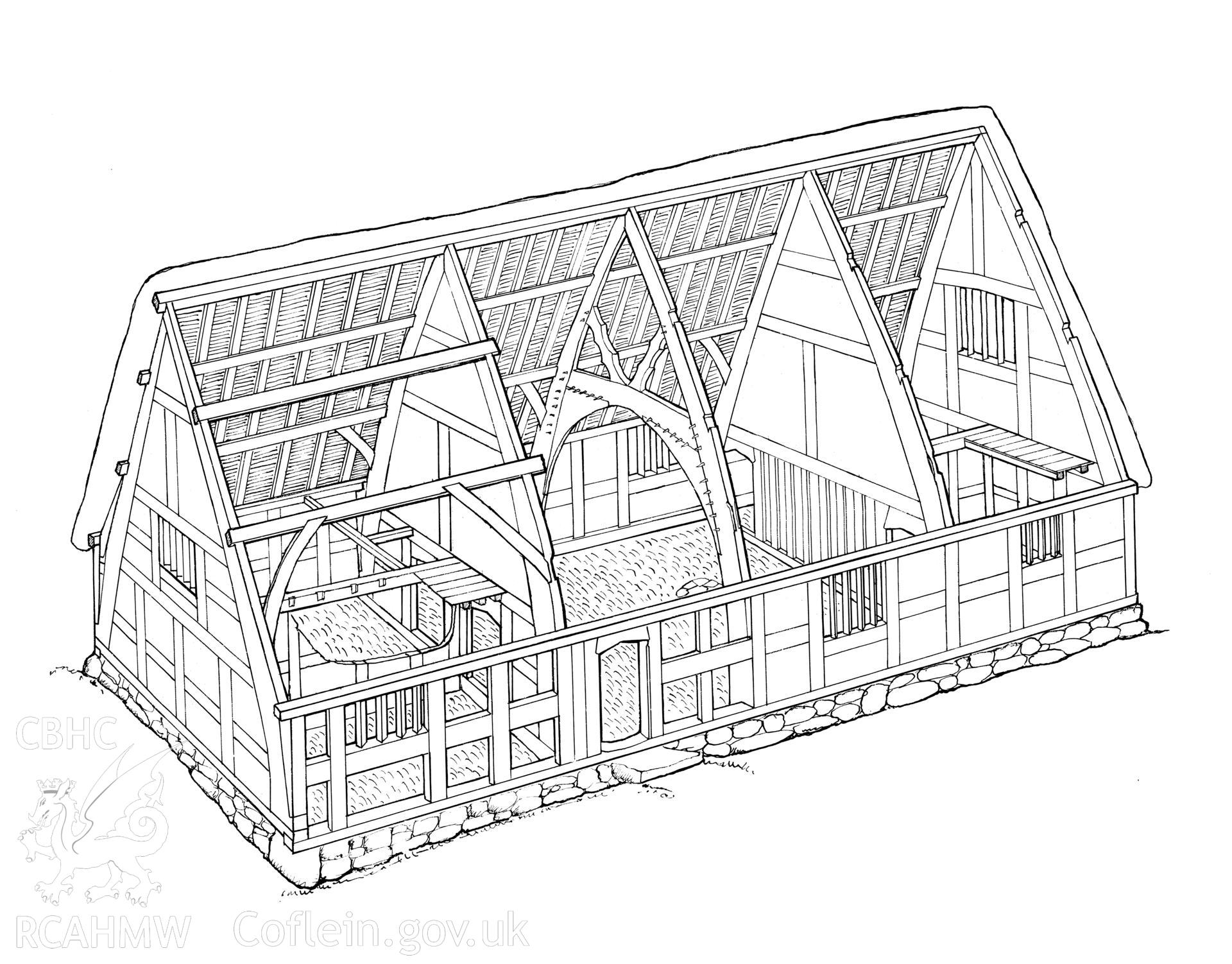 RCAHMW drawing showing cutaway of Leeswood Green Farm, Mold, published in Houses of the Welsh Countryside, fig 17.