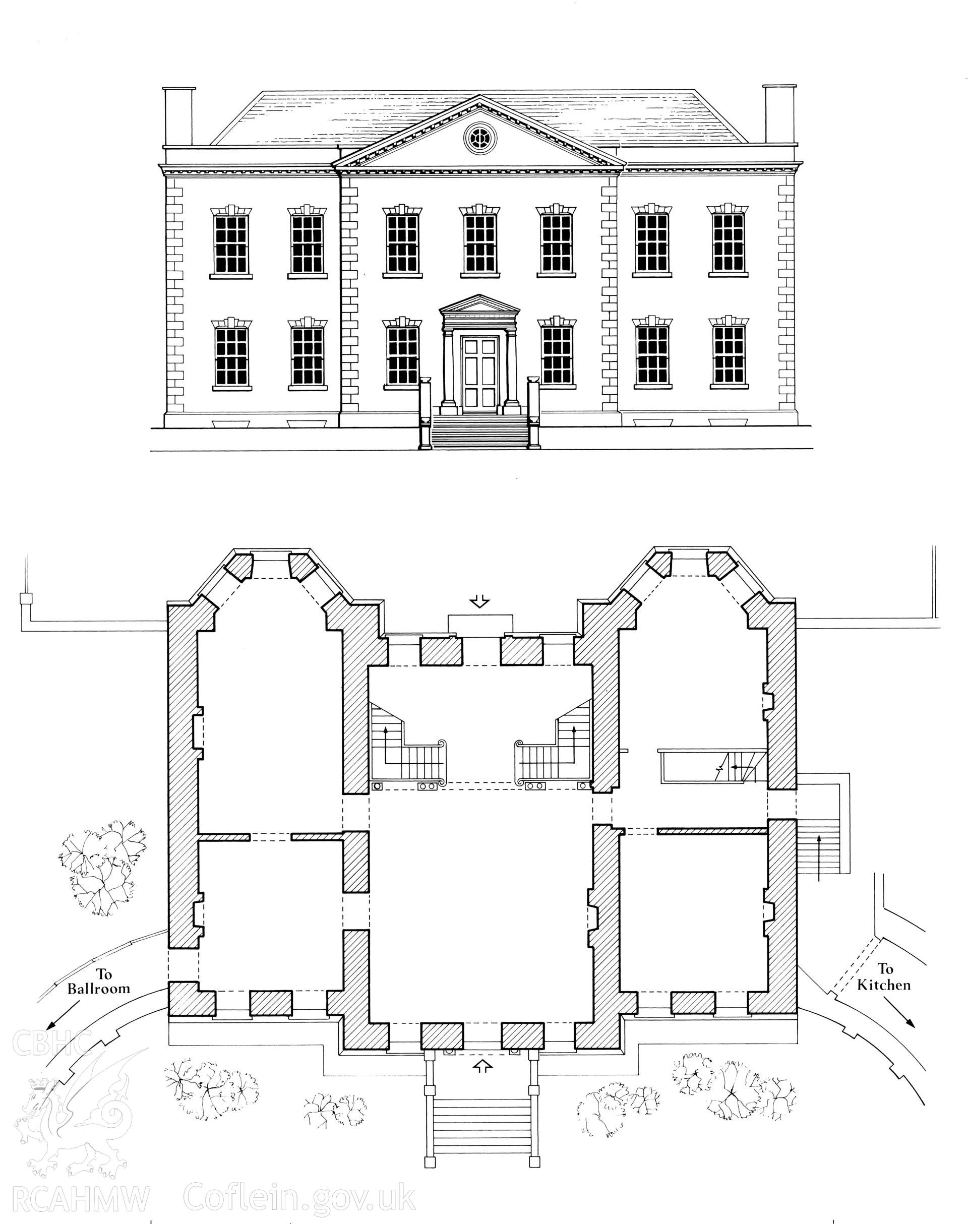 RCAHMW drawing showing plan and elevation of Ynysmaengwyn, Merioneth, published in Houses of the Welsh Countryside, fig 153.