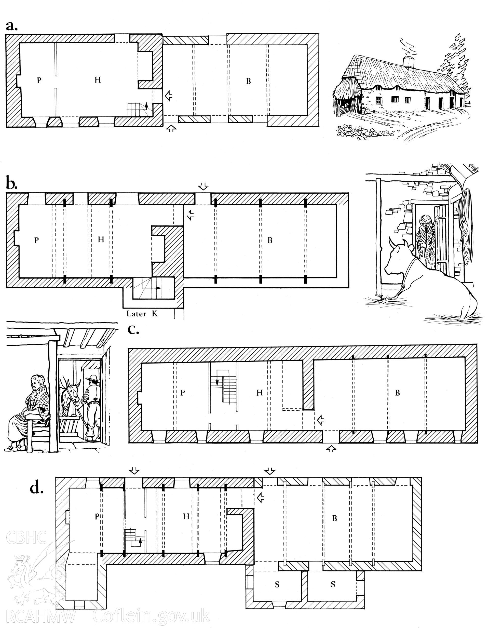 Multi site RCAHMW drawing, 4 sites, (ink on linen) showing plan of four sites of longhouse type, published in Houses of the Welsh Countryside, fig 111.