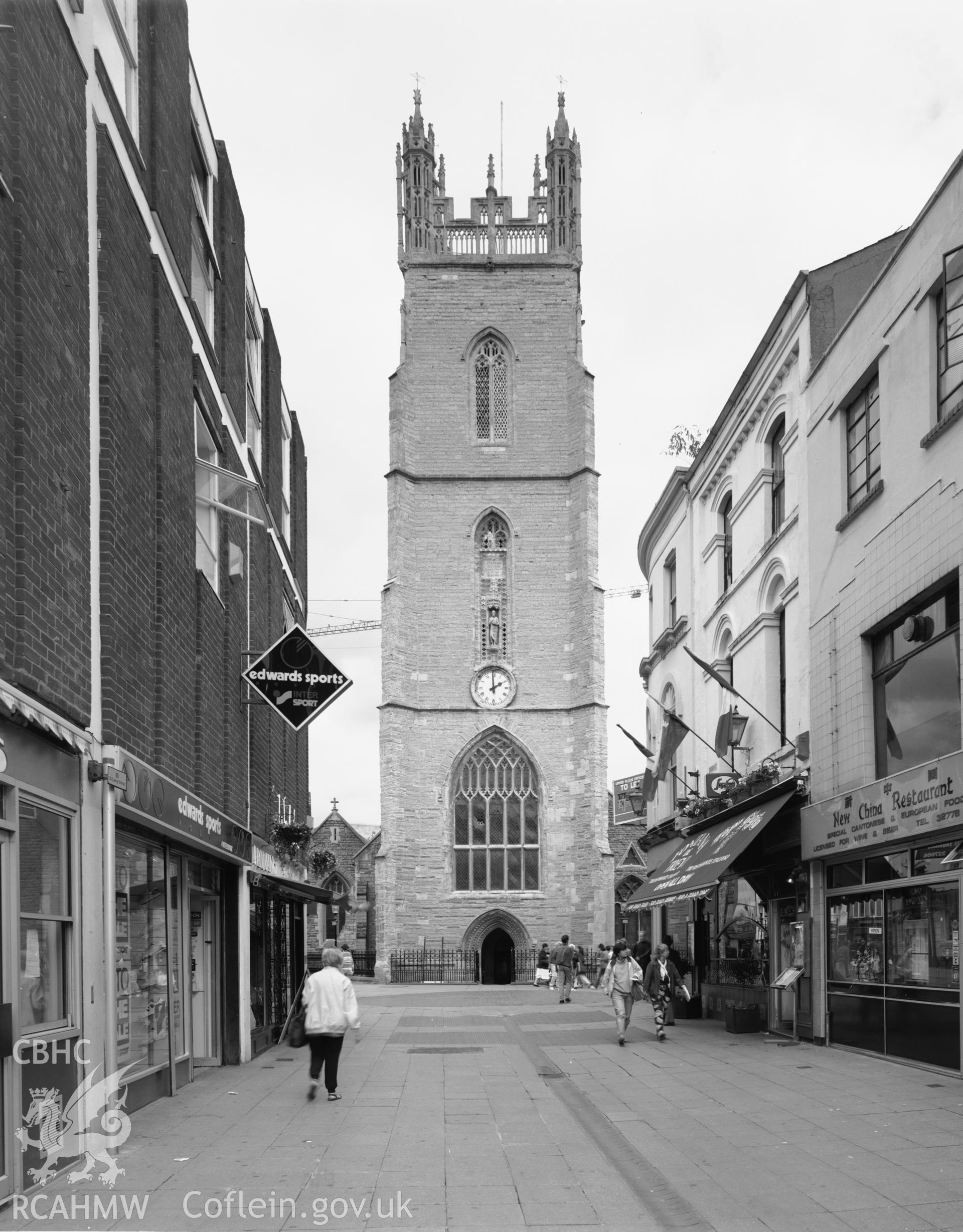 One black and white print of St John the Baptist's Church, Cardiff.