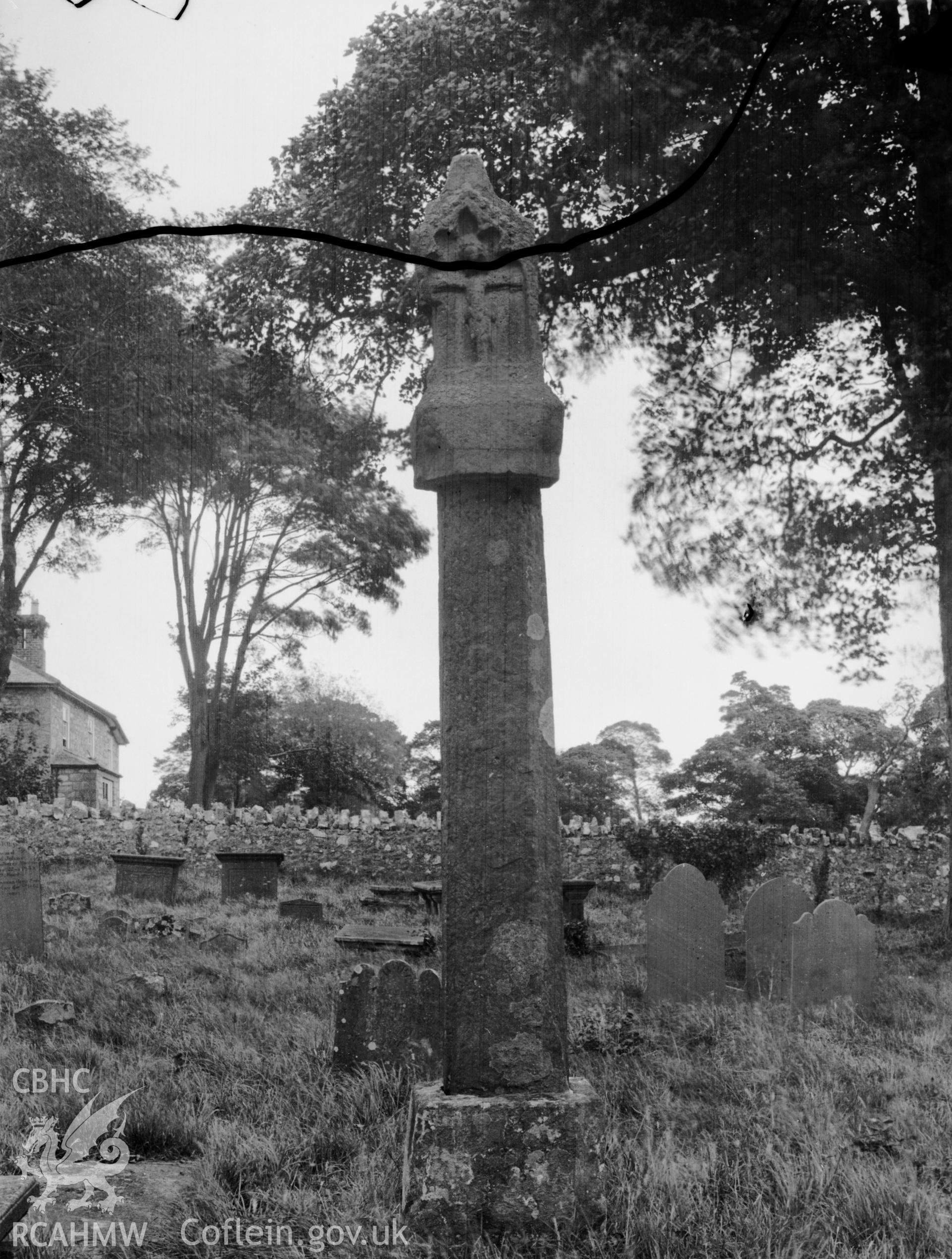 Black and white photo showing churchyard cross at Trelanwyd.