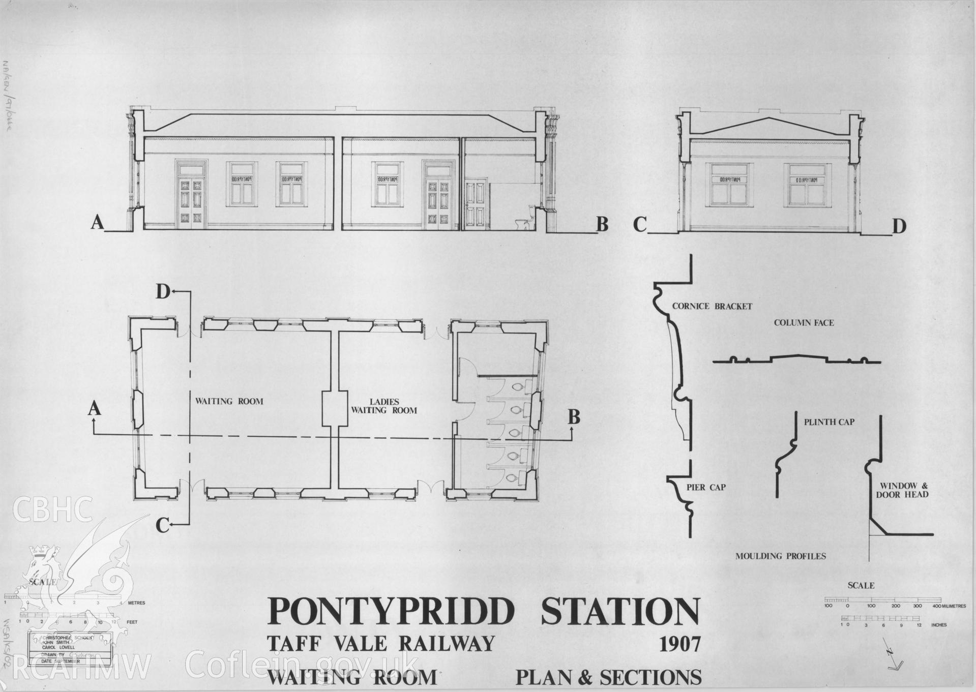 Measured drawing showing plan and sections of waiting room at Pontypridd Railway Station produced by Christopher Schoen, John Smith and Carol Lovell, September 1973.