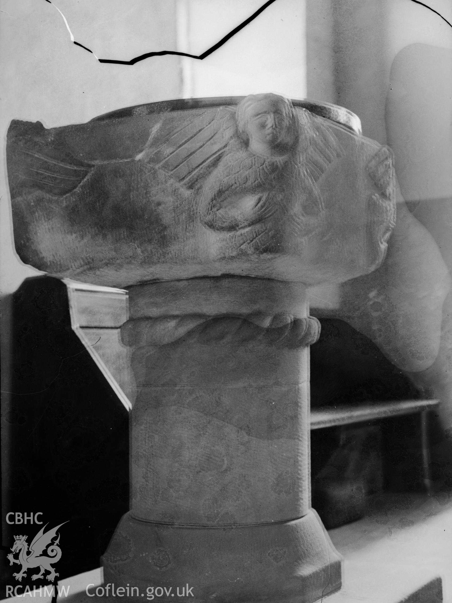 Black and white photo showing the font at Maestir Church.