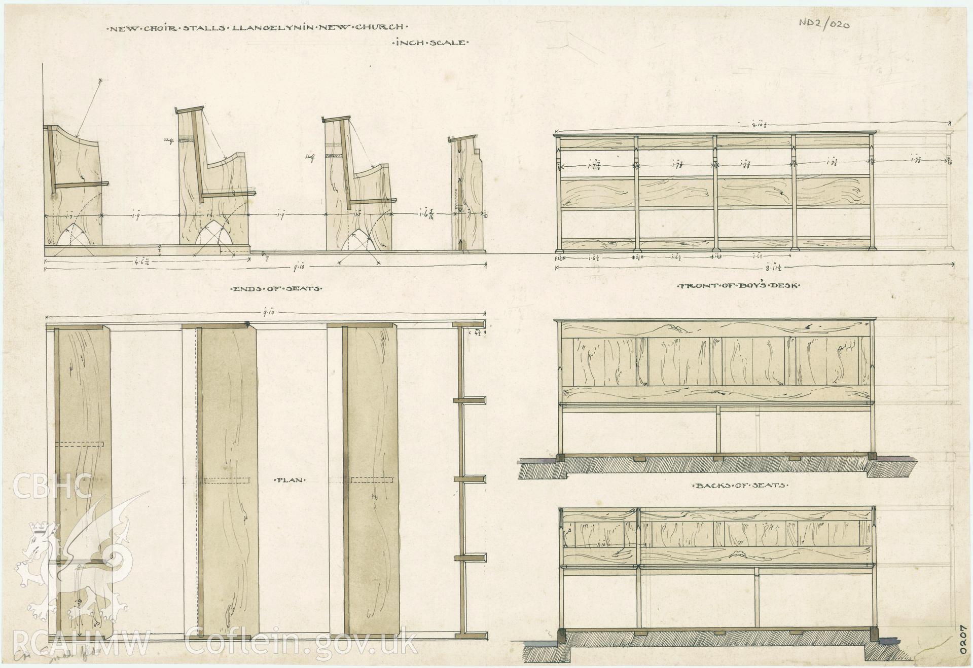 Plans and elevations of a design for new choir stalls for St Celynin's New Church, Llangelynin, ink and pencil with colour wash on paper, one foot to one inch.