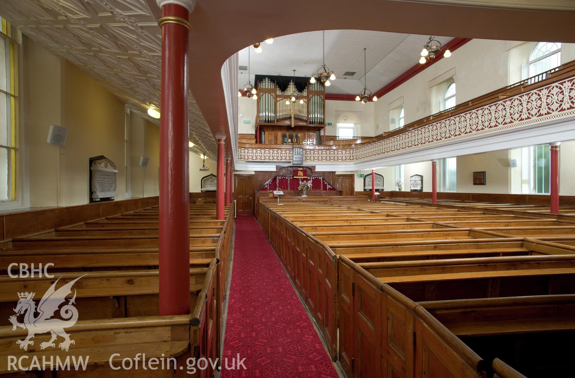 Interior from ground floor below gallery looking southeast.