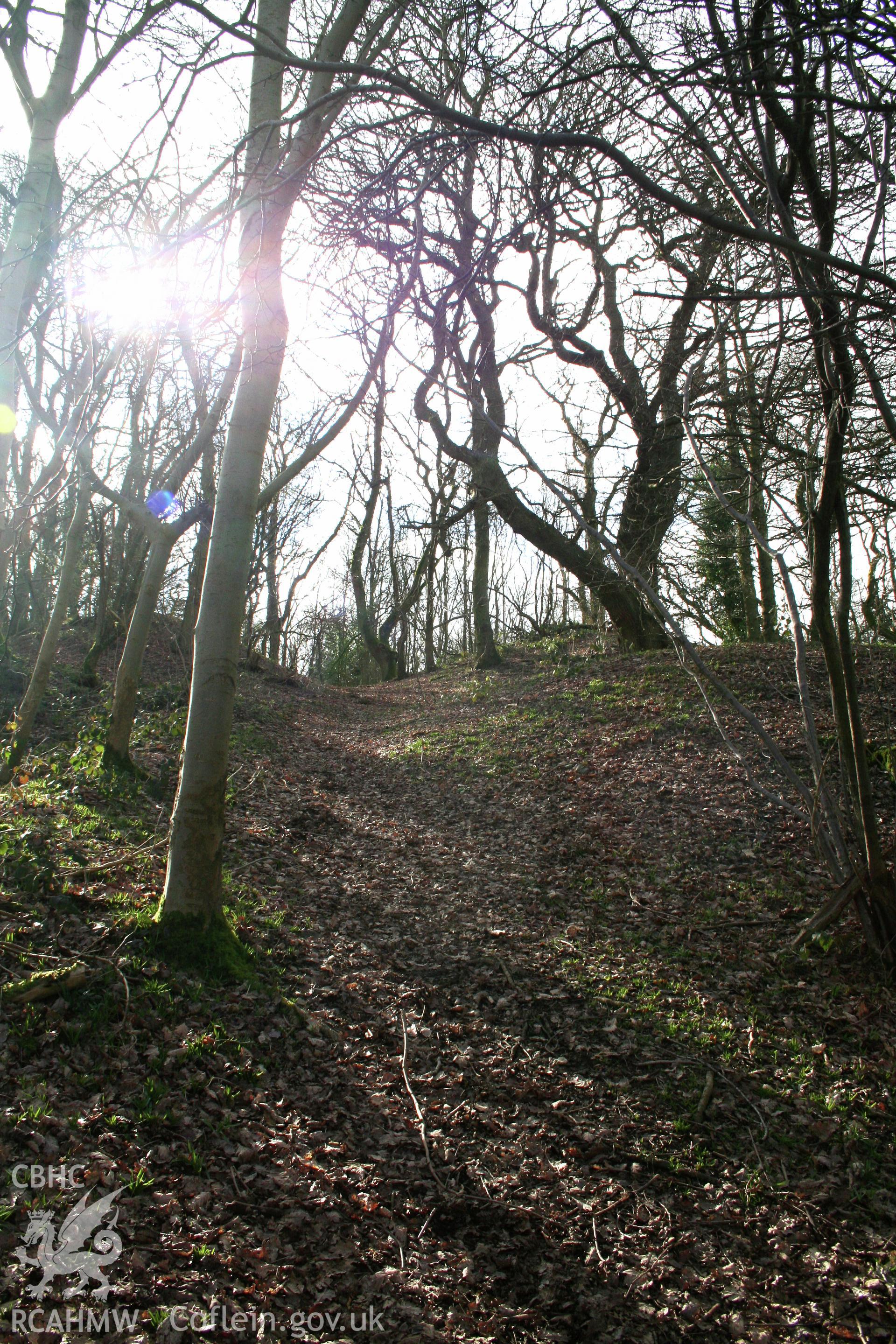 Gaer Fawr Hillfort. Northeast gateway approach looking up to gateway, from the northeast.