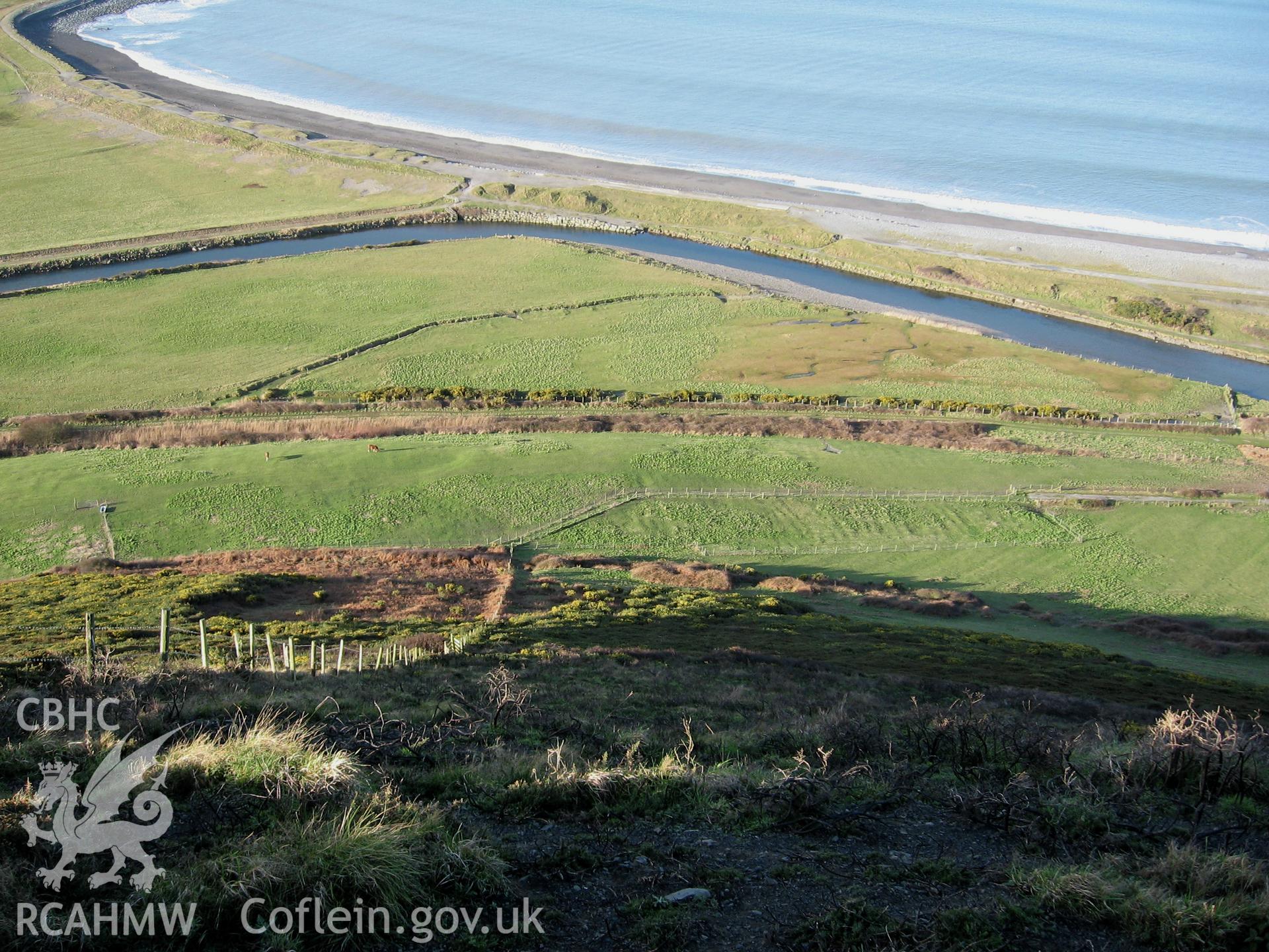 Tanybwlch enclosure. General view from north-east from summit of Pen Dinas.