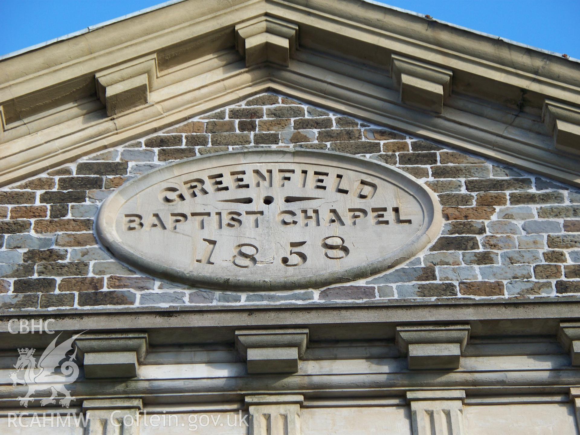 `Greenfield Baptist Chapel 1858? plaque in gable of NW front.