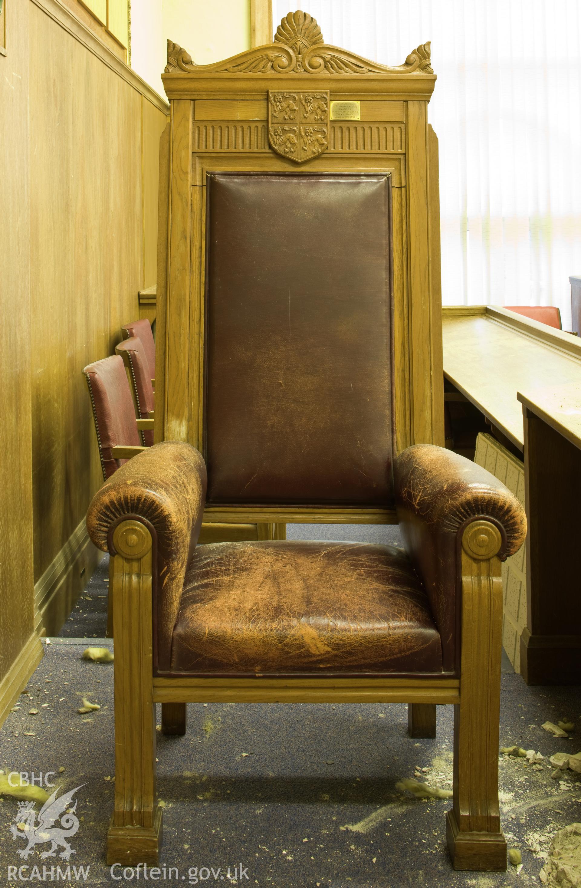 Magistrates chair, with plaque "presented by J T Morgan... 1939".