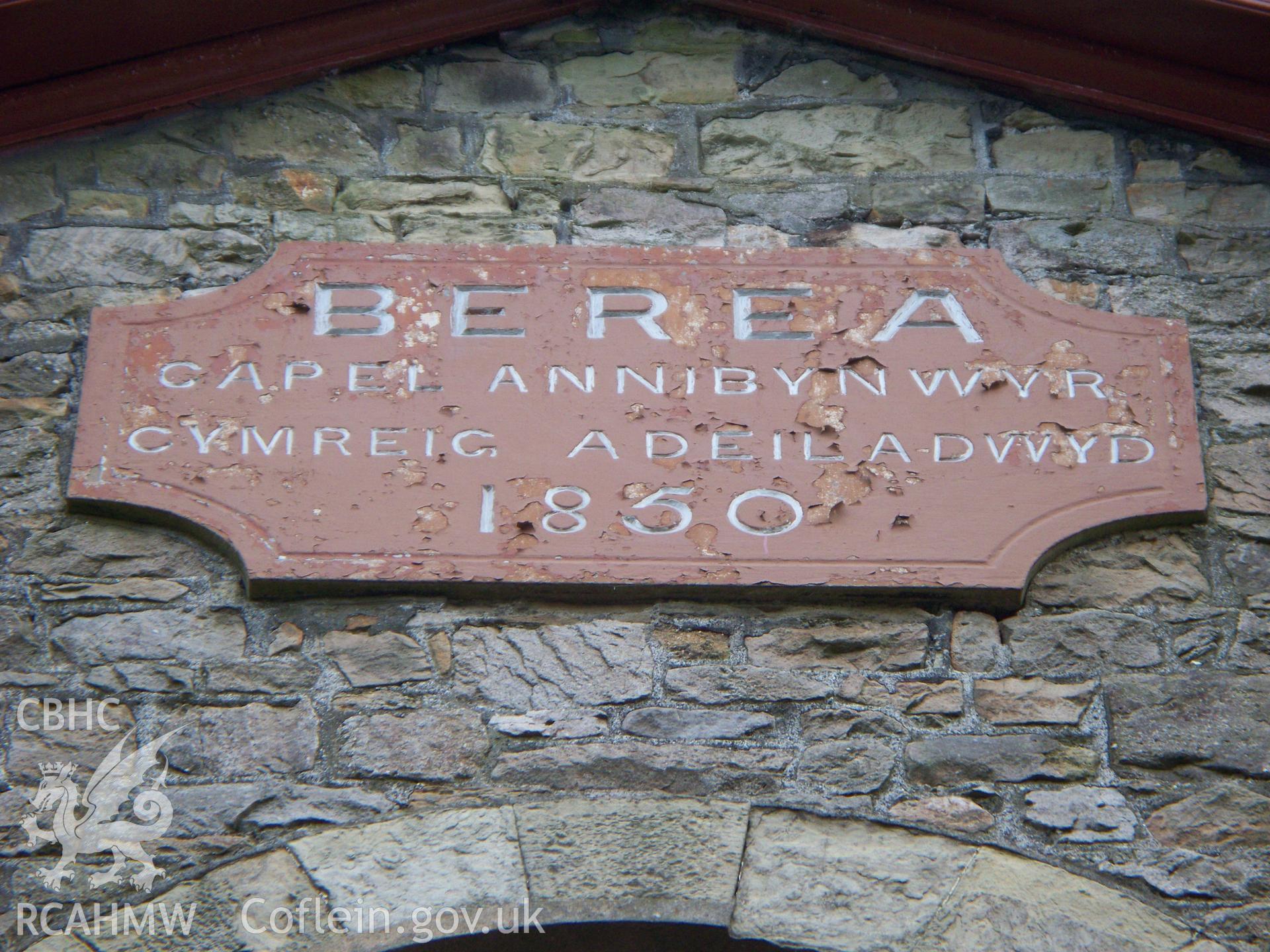Berea Welsh Independent Chapel Plaque 1850 over the main door (in Welsh).