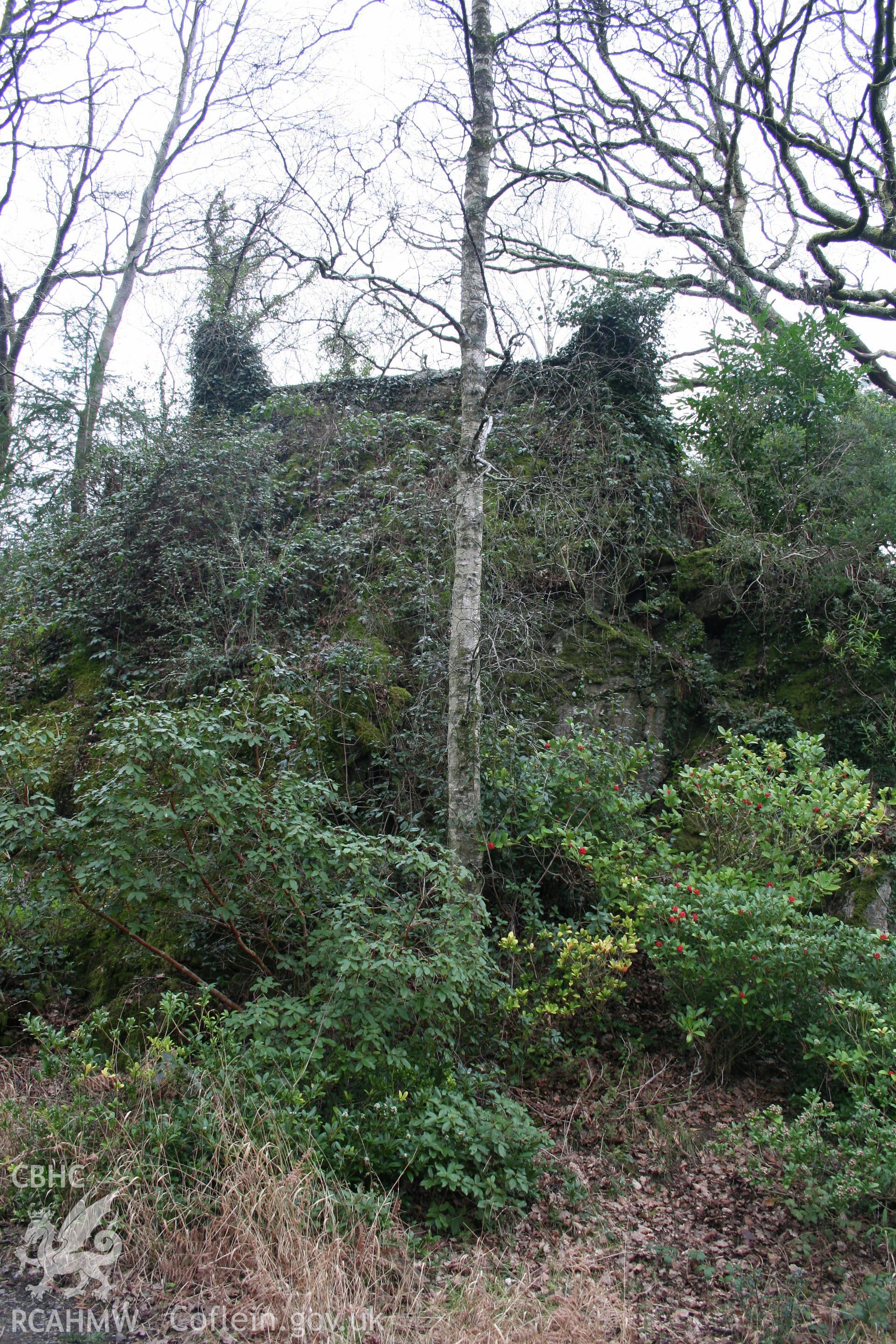 Castell Aber Ia from the south showing the rock outcrop upon which the castle once stood.  The battlemented wall on top of the outcrop was constructed in the 1960s by Clough Williams-Ellis.