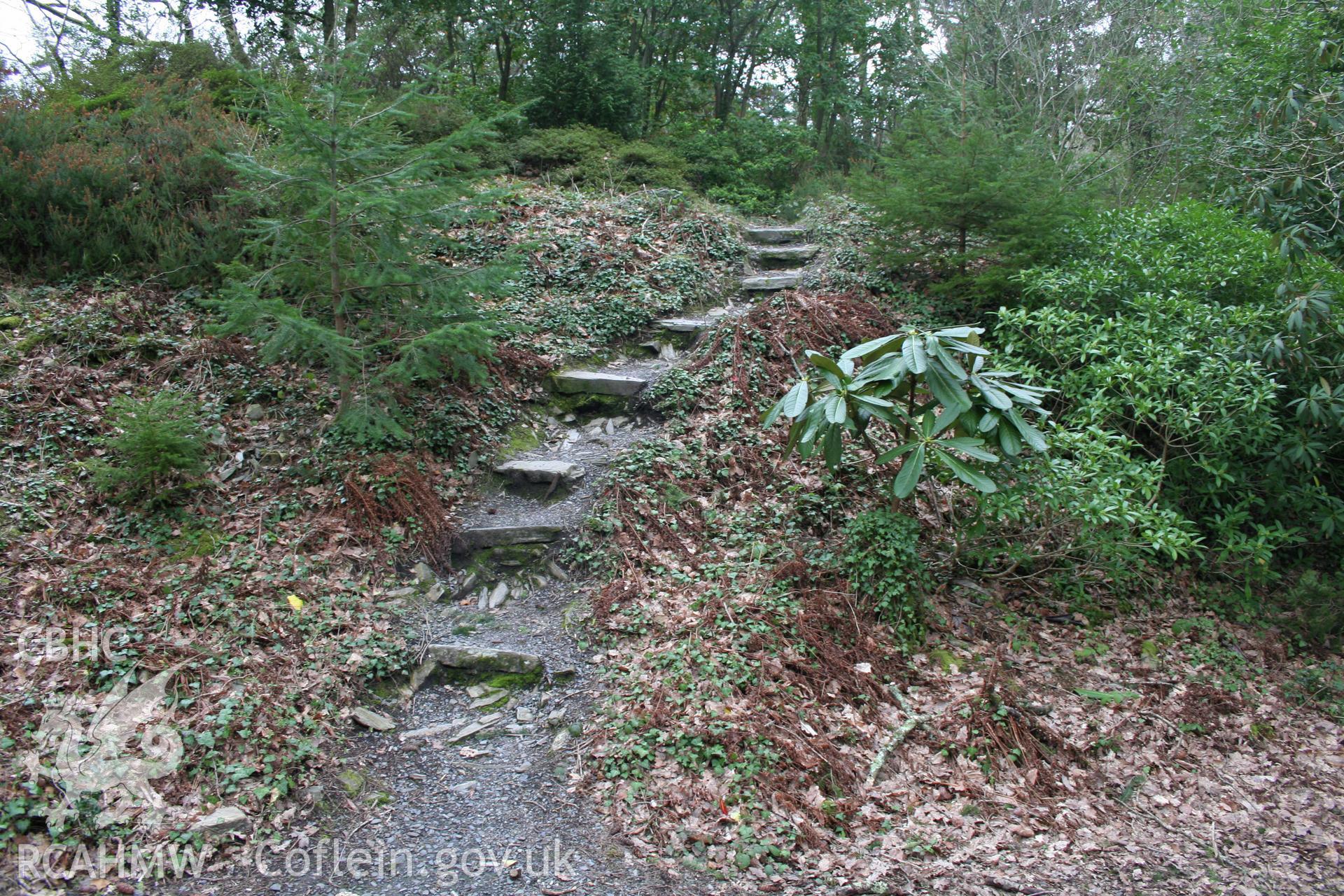 Castell Aber Ia.  Modern steps running up the northern face of the castle platform.