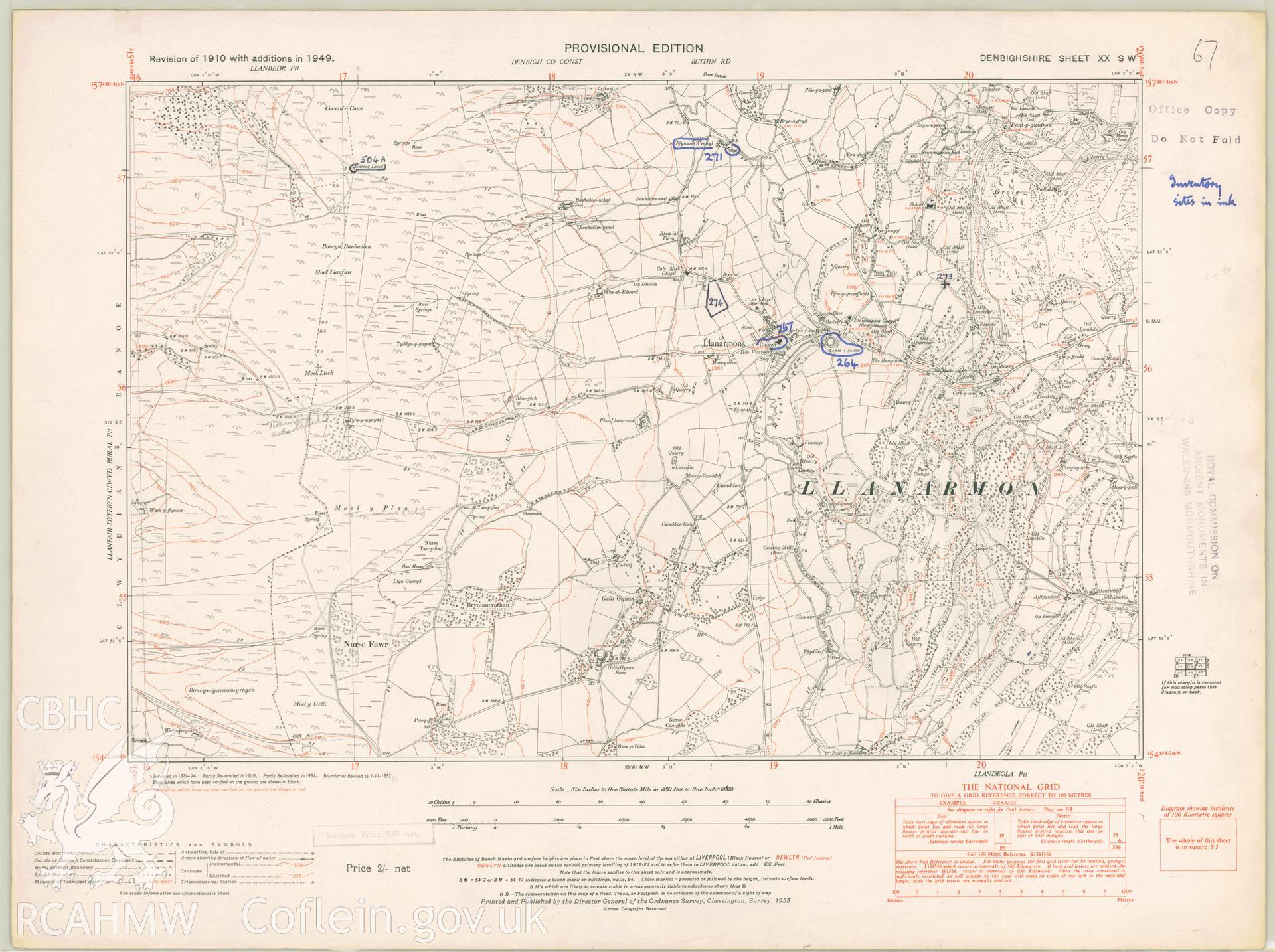 Provisional Edition Ordnance Survey map covering the Llanarmon yn Ial area