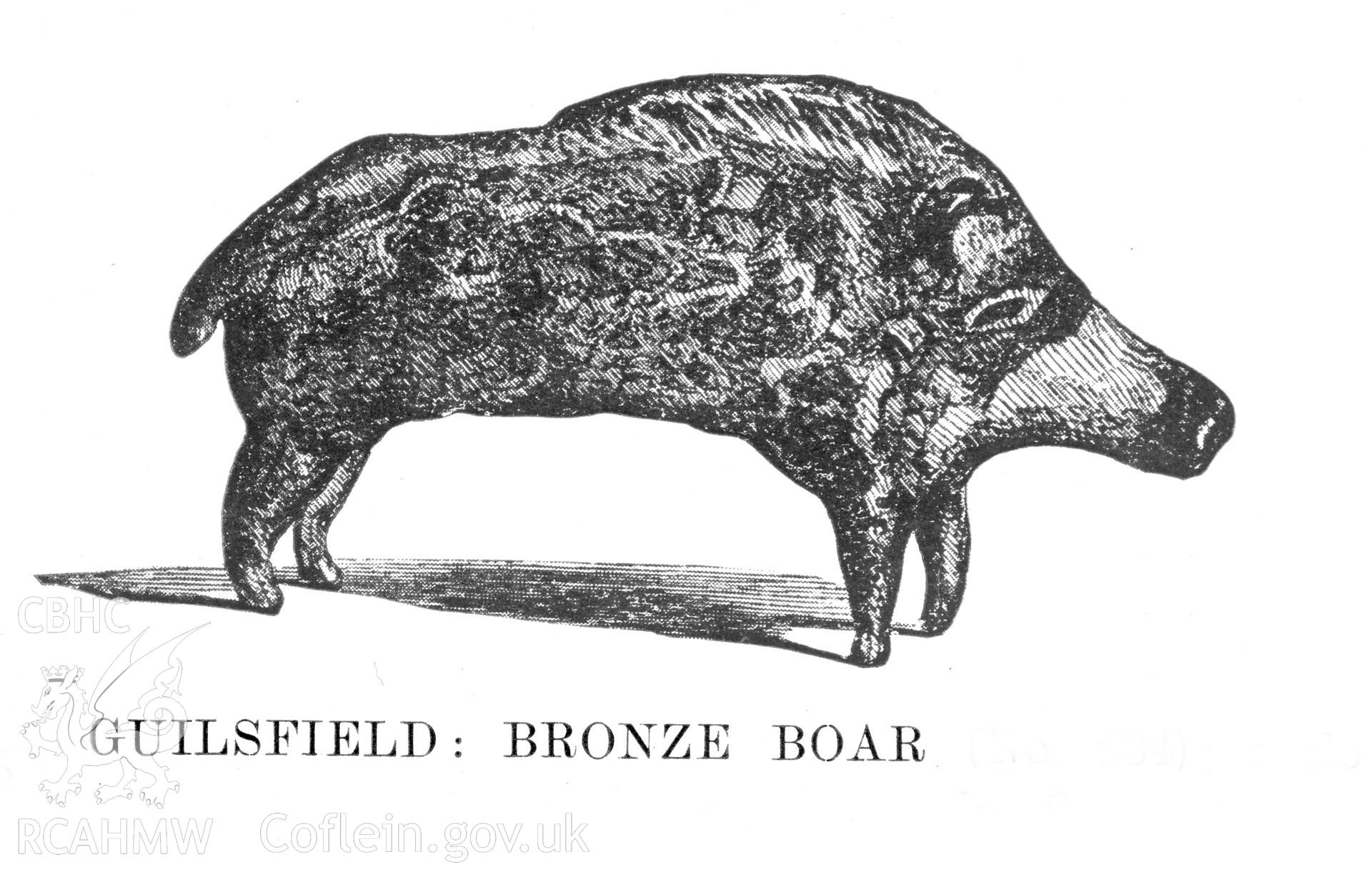 Digitized copy of an etching showing the Bronze Boar found at Guilsfield, as published in the RCAHMW Montgomeryshire Inventory of 1911.