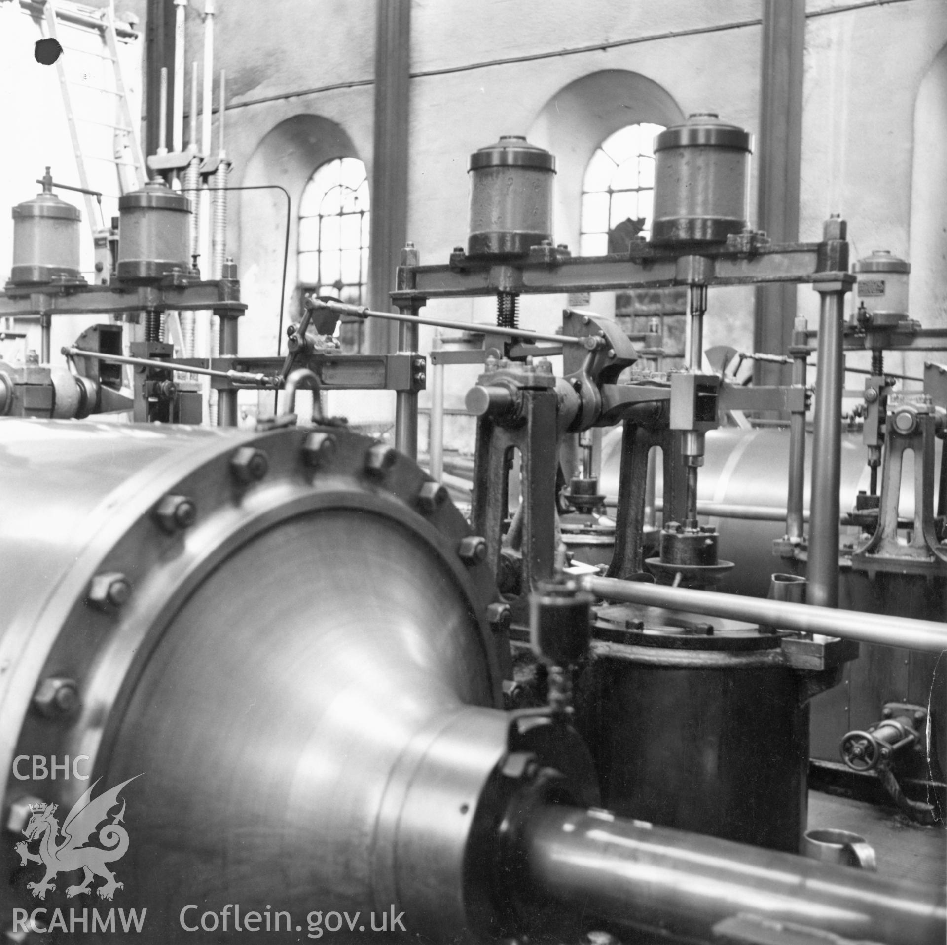 Black and white photograph showing an interior view of the winding house at Elliot Colliery, part of a closed registered file, ref. no. 8M/2982/3, transferred from Cadw and concerning Engine house Elliot Colliery, New Tredegar, Bedwellty, Mon.