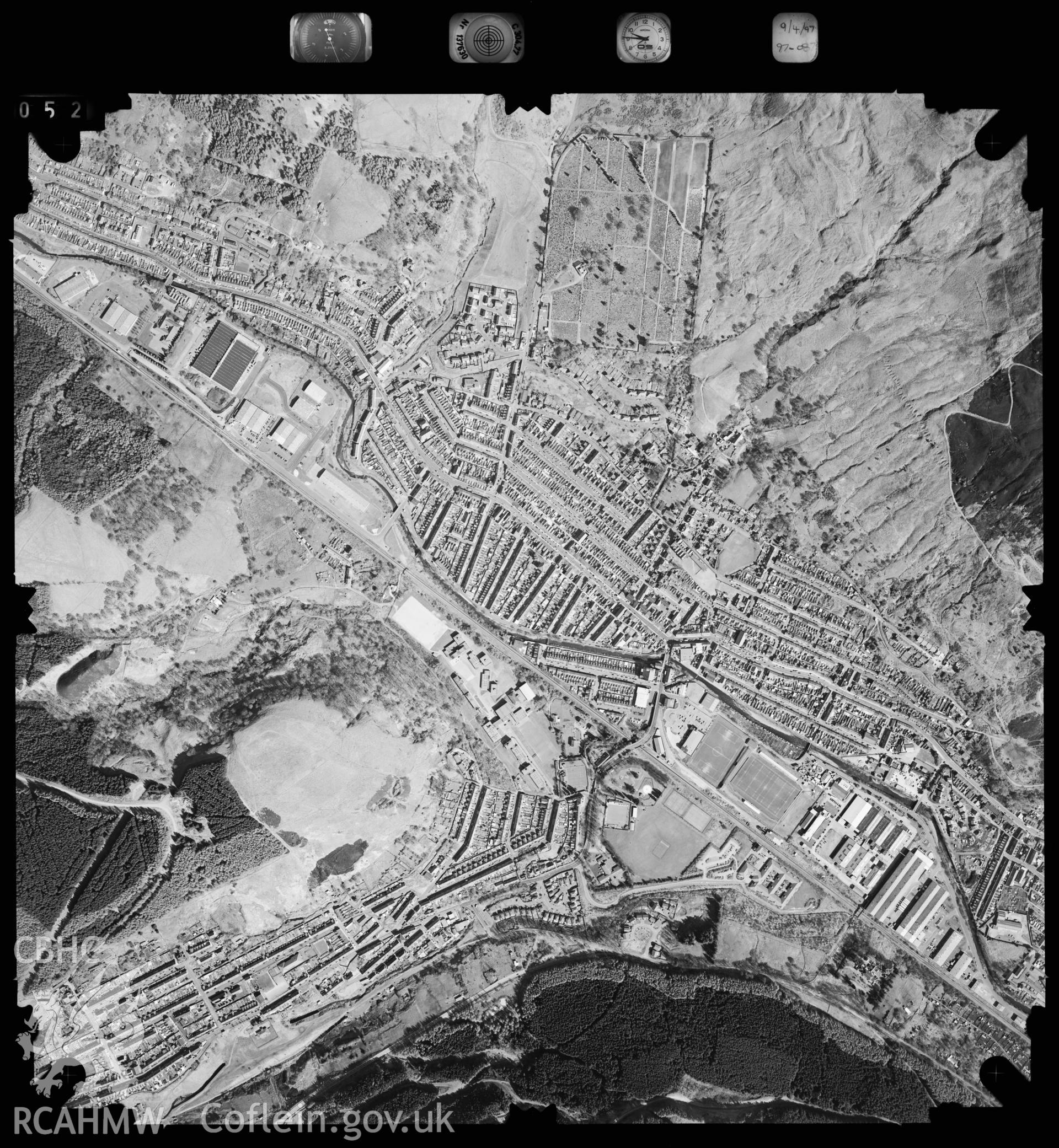 Digitized copy of an aerial photograph showing the Treorchy area, taken by Ordnance Survey, April 1997.