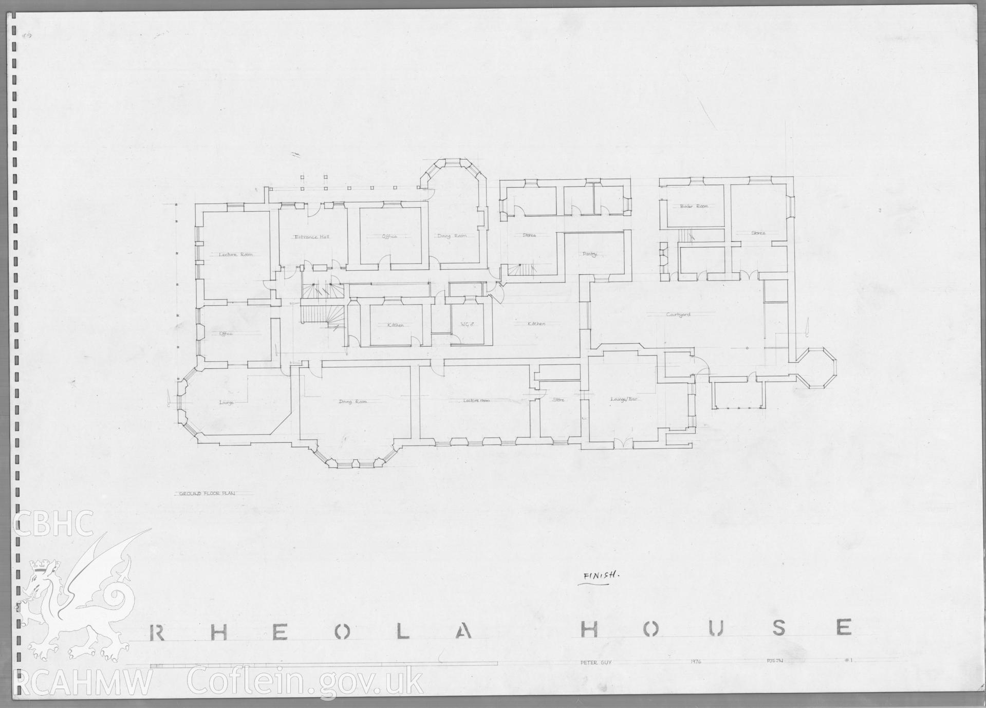 Measured ground floor plan of Rheola House, Resolven, produced by Peter Guy of Welsh School of Architecture dated 1976.