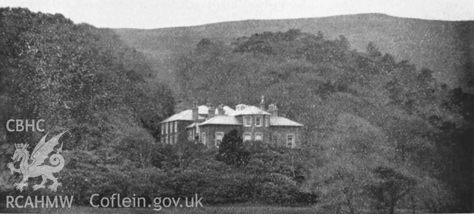 Copy of black and white image of Tanybwlch, Llanfarian, copied from early photograph showing exterior, loaned by David Williams.