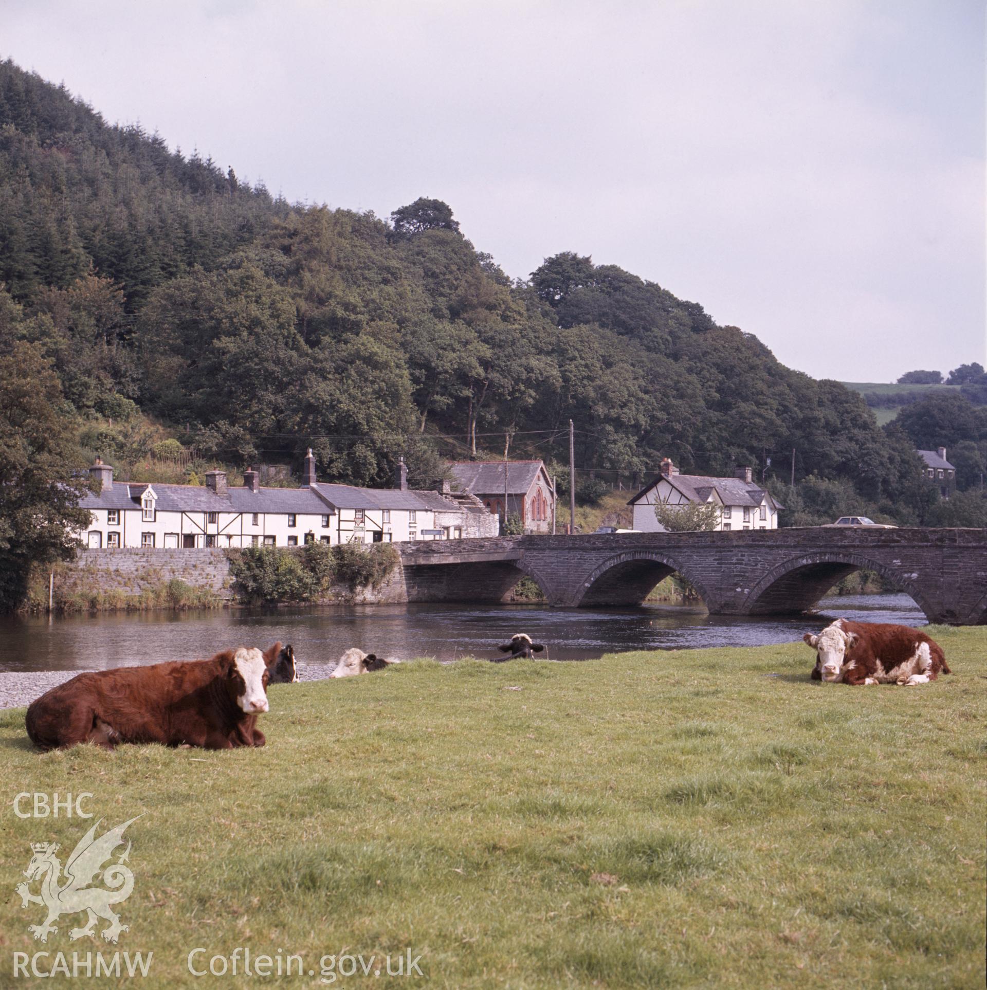 1 colour transparency showing view of Pont ar Ddyfi bridge, Machynlleth; collated by the former Central Office of Information.