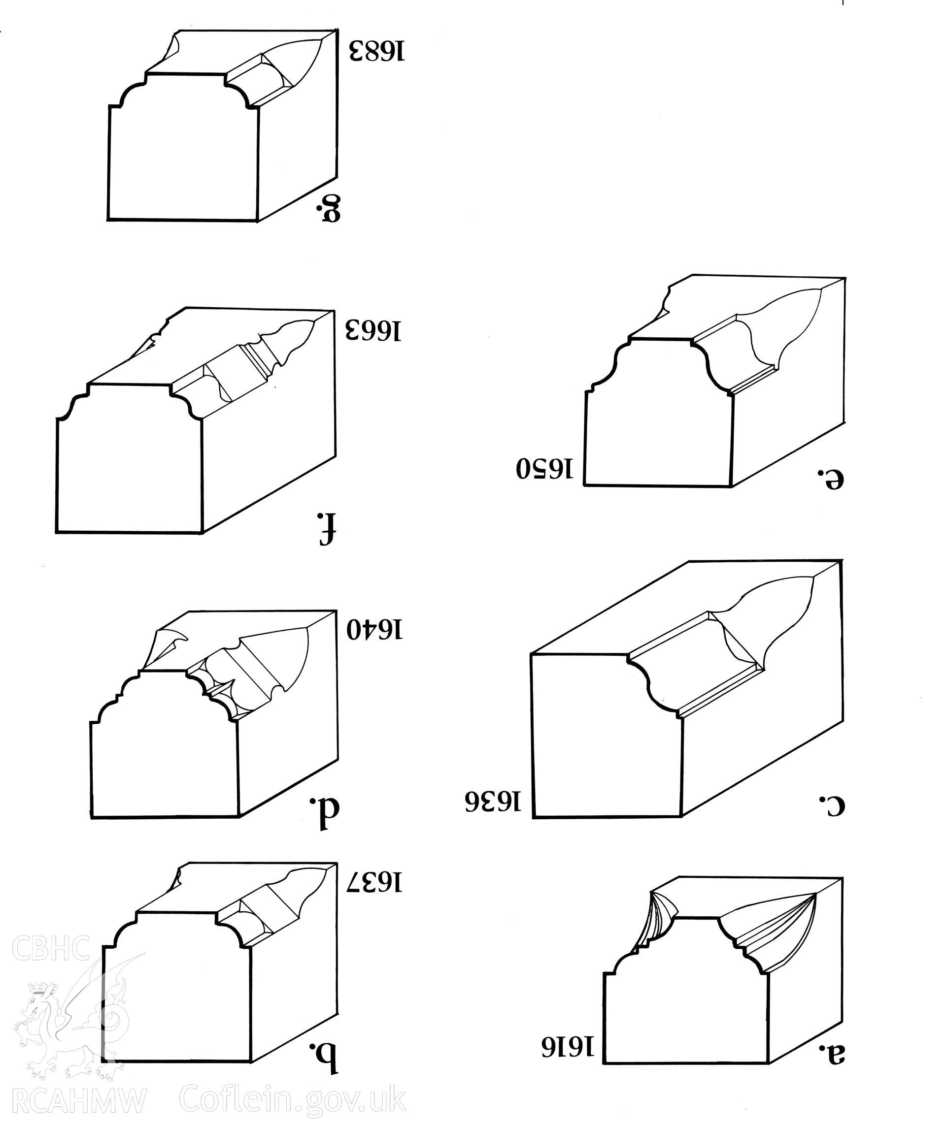 Multi-site RCAHMW drawing, 7 sites, showing elaborate mouldings and stops from south-east Wales sites.  Published in Houses of the Welsh Countryside, fig 182.